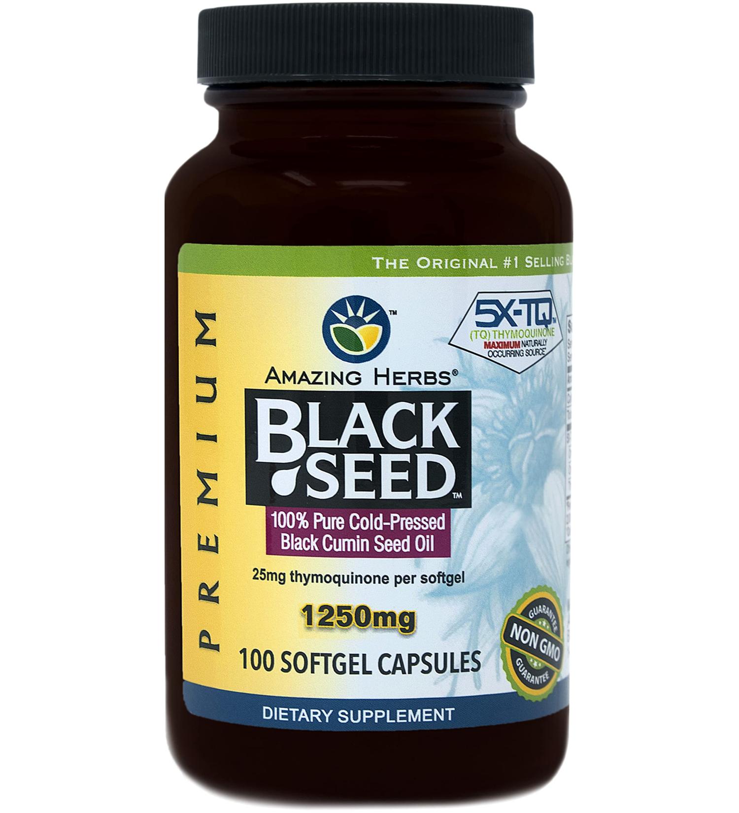 Amazing Herbs Black Seed Oil Pills 1250mg - 100 Softgel Capsules | Cold-Pressed, Non GMO | Packaging May Vary, New Label Coming Soon - Buy Online on GoSupps.com