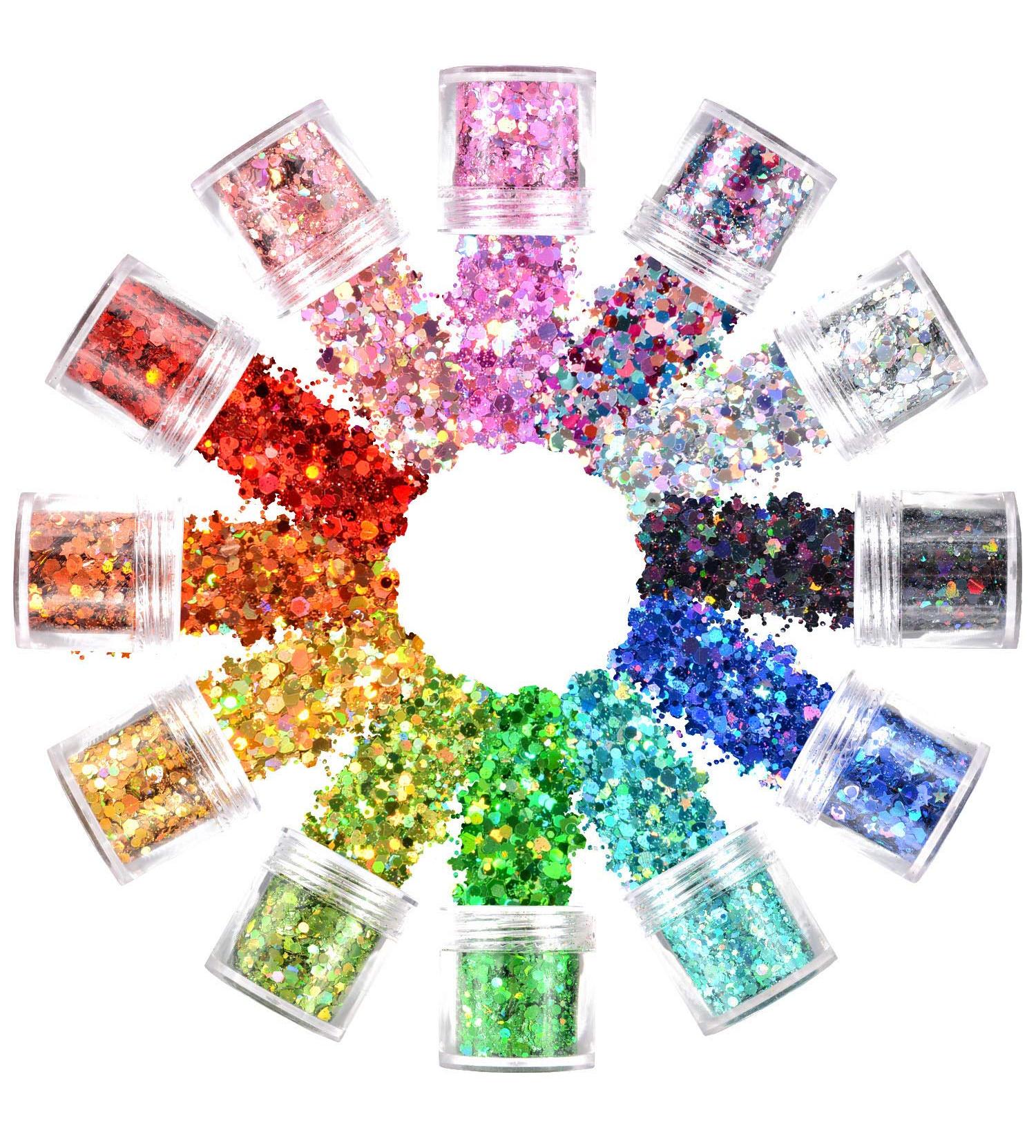 Warmfits Holographic Face Glitter - 12 Colors, 120g - For Face, Body, Eyes, Hair, Nails - Festival Chunky Glitters in Various Shapes - Buy Online on GoSupps.com