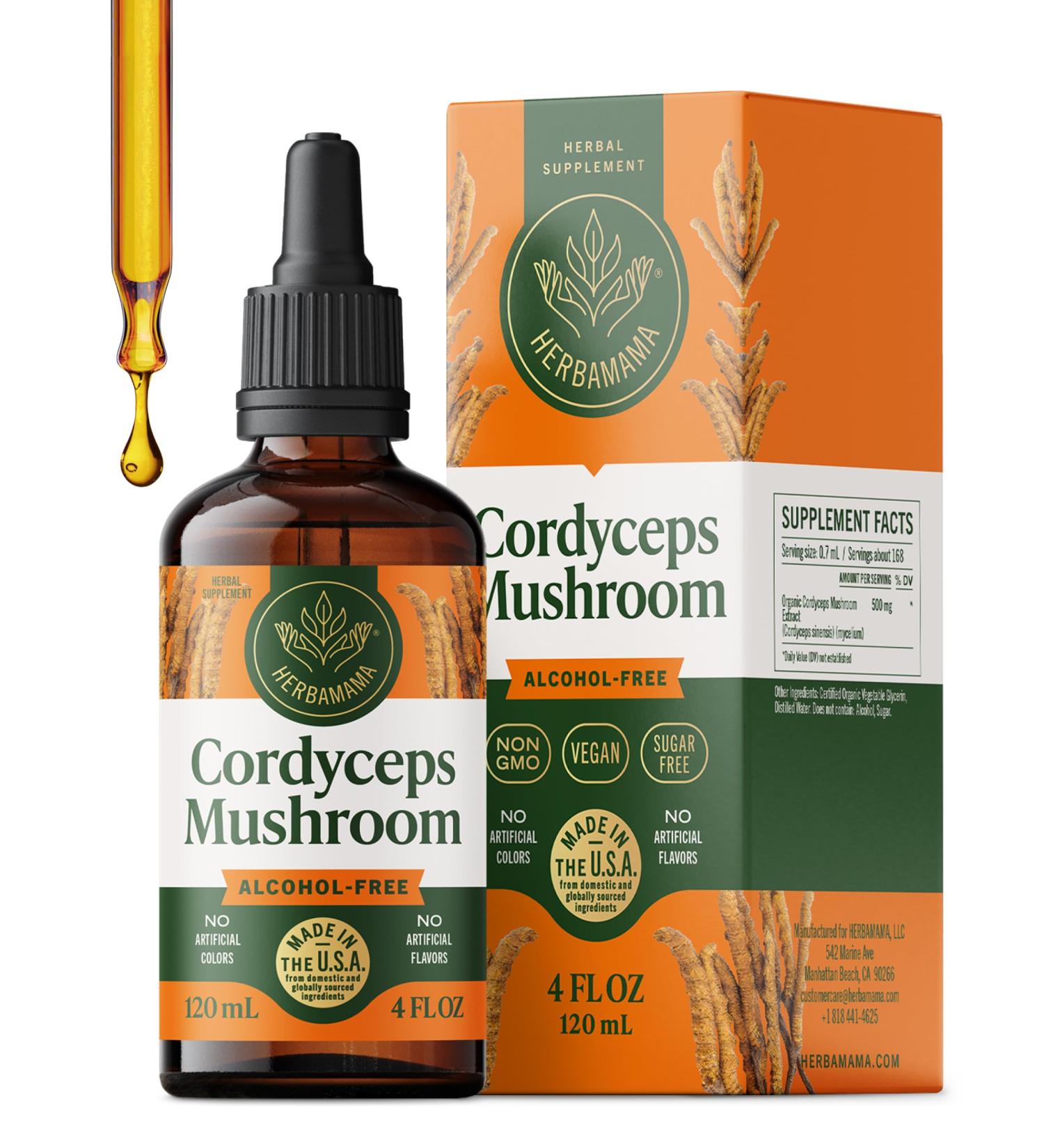 HERBAMAMA Cordyceps Sinensis Tincture - Vegan Immune Support & Defense with Cordyceps Mushroom Extract Drops - Non-GMO Alcohol & Sugar-Free Liquid Immunity Supplement 56-Day Supply 4 Fl Oz (Pack of 1) - Buy Online on GoSupps.com