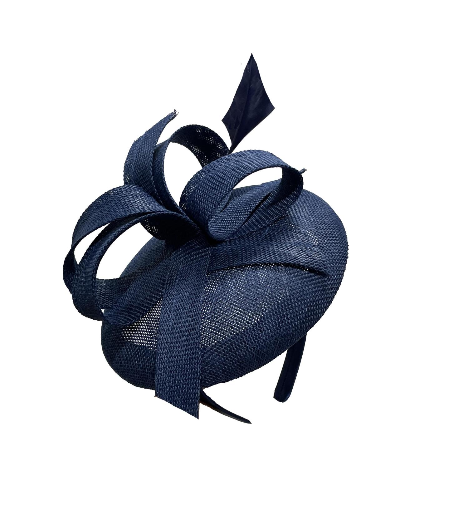 Sinamay fascinator / fascinator for pillboxes with abstract loops made of fabric long with feathers navy blue