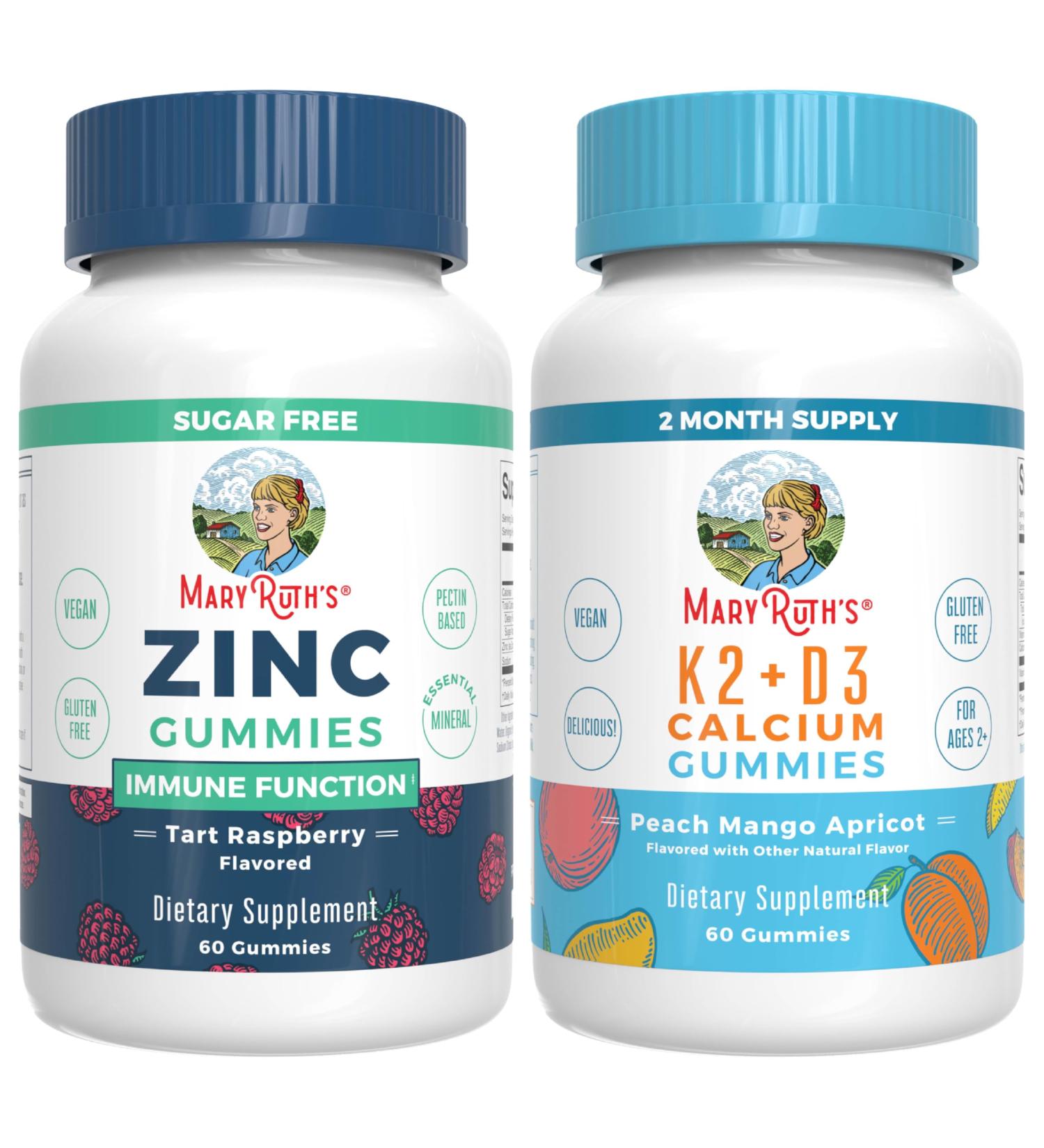 MaryRuth Organics Zinc (Tart Raspberry) & Vitamin K2+D3 Calcium Gummies (Peach Mango & Apricot) | Clean Label Project Verified | Vitamins for Immunity & Joint and Bone Health | Vegan Non-GMO - Buy Online on GoSupps.com