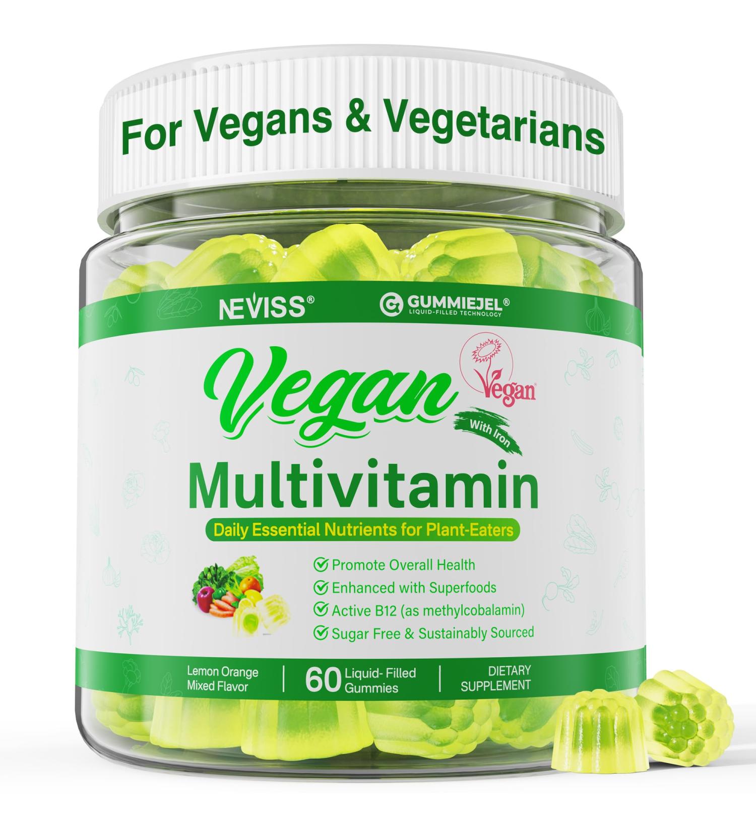 NEVISS Vegan Multivitamin for Women & Men w/Methyl B12 D3 K2 Plant Based Omega 3 (DHA+EPA) Iron Choline Zinc Whole Food Daily Vitamins Gummies for Vegans & Vegetarians Sugar Free 60Cts 60 Count (Pack of 1) - Buy Online on GoSupps.com