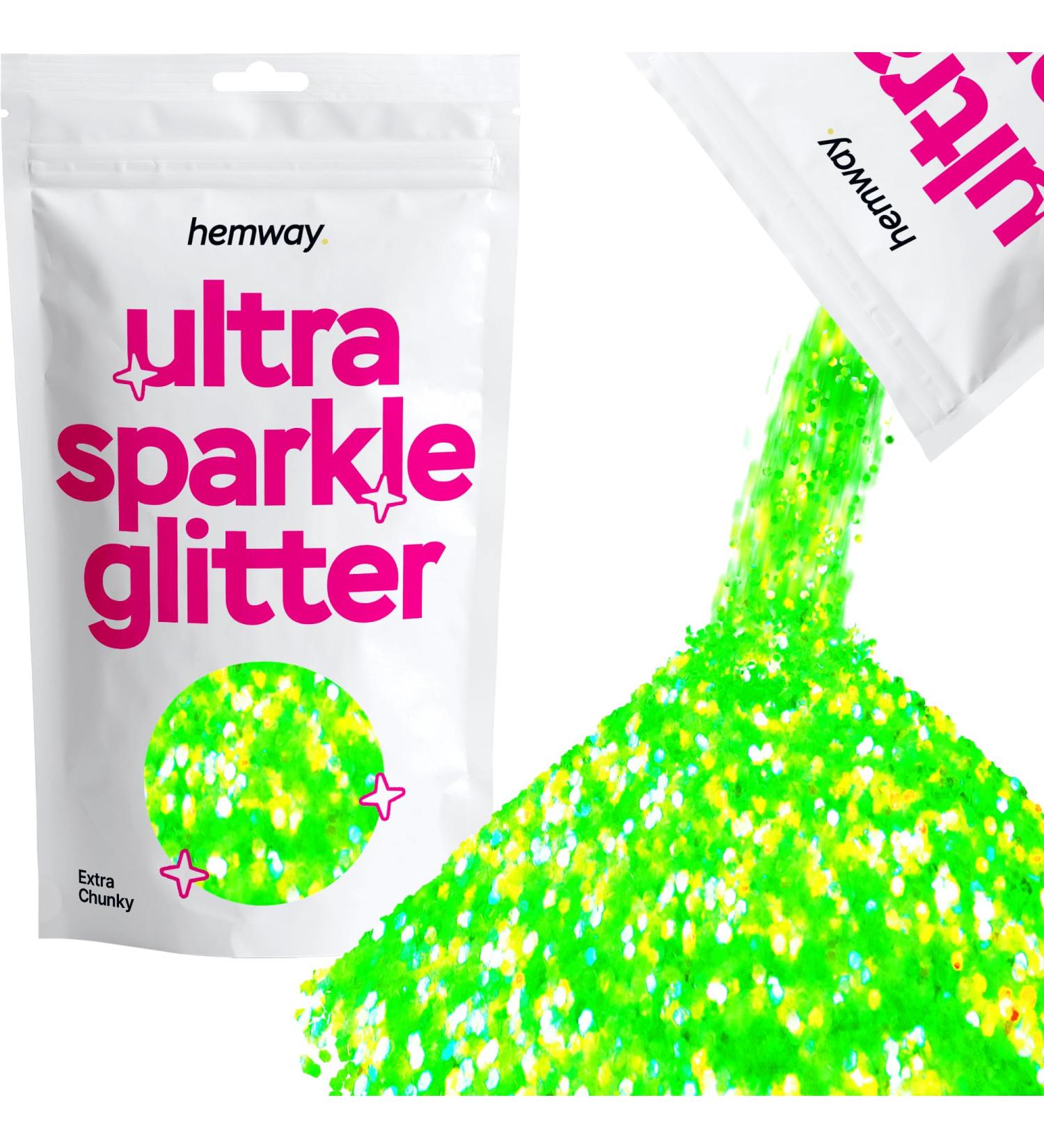 Hemway Premium Ultra Sparkle Glitter - Fluorescent Green Extra Chunky (100g) for Arts Crafts Nails & Cosmetics - Multi-Purpose Metallic Flake - Perfect for Festivals & Creative Projects - Buy Online on GoSupps.com