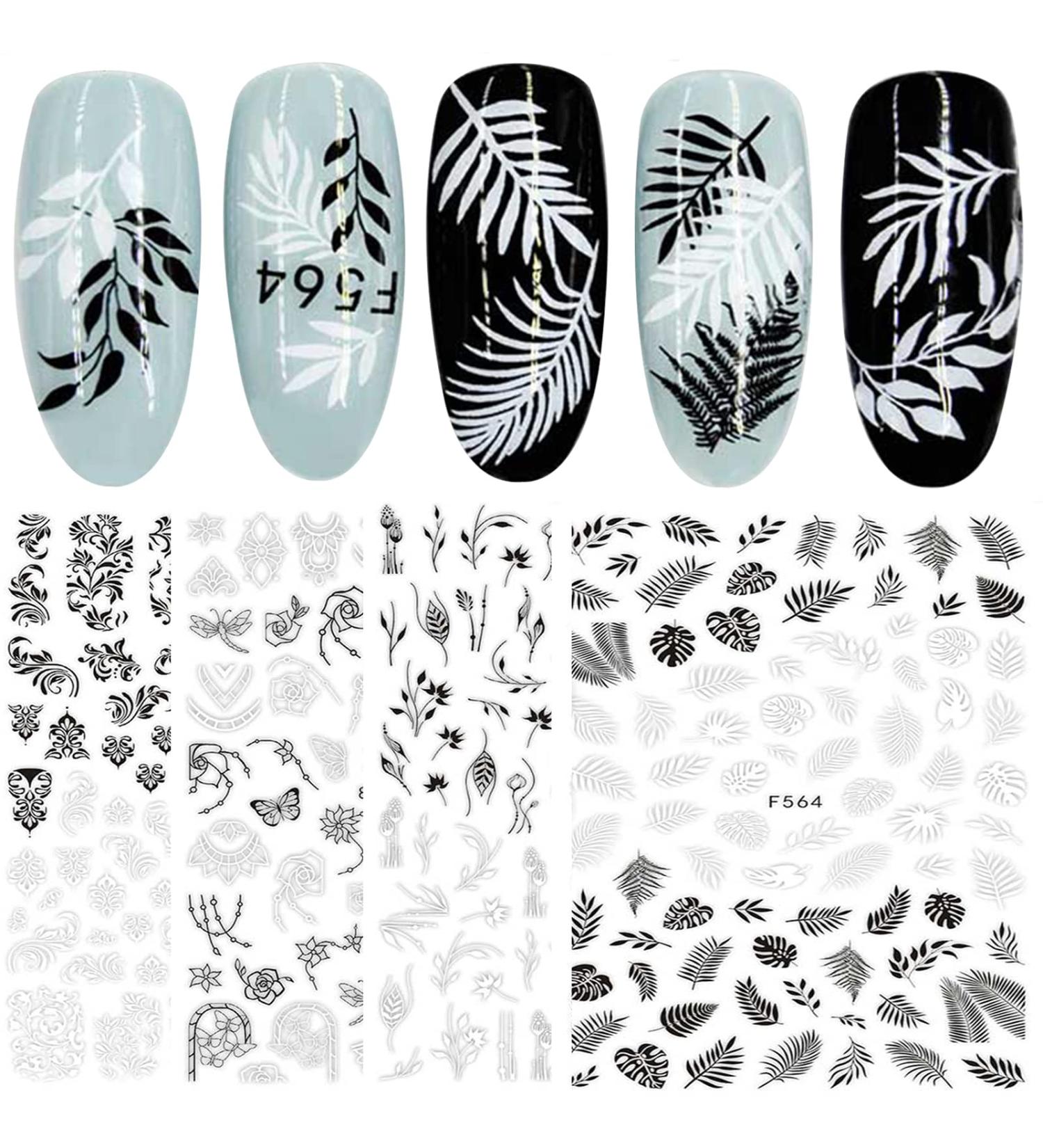 12 Sheets Black & White Floral Nail Art Stickers - Self-Adhesive Designs for Manicure | Elegant Nail Decorations for Women & Girls - Buy Online on GoSupps.com
