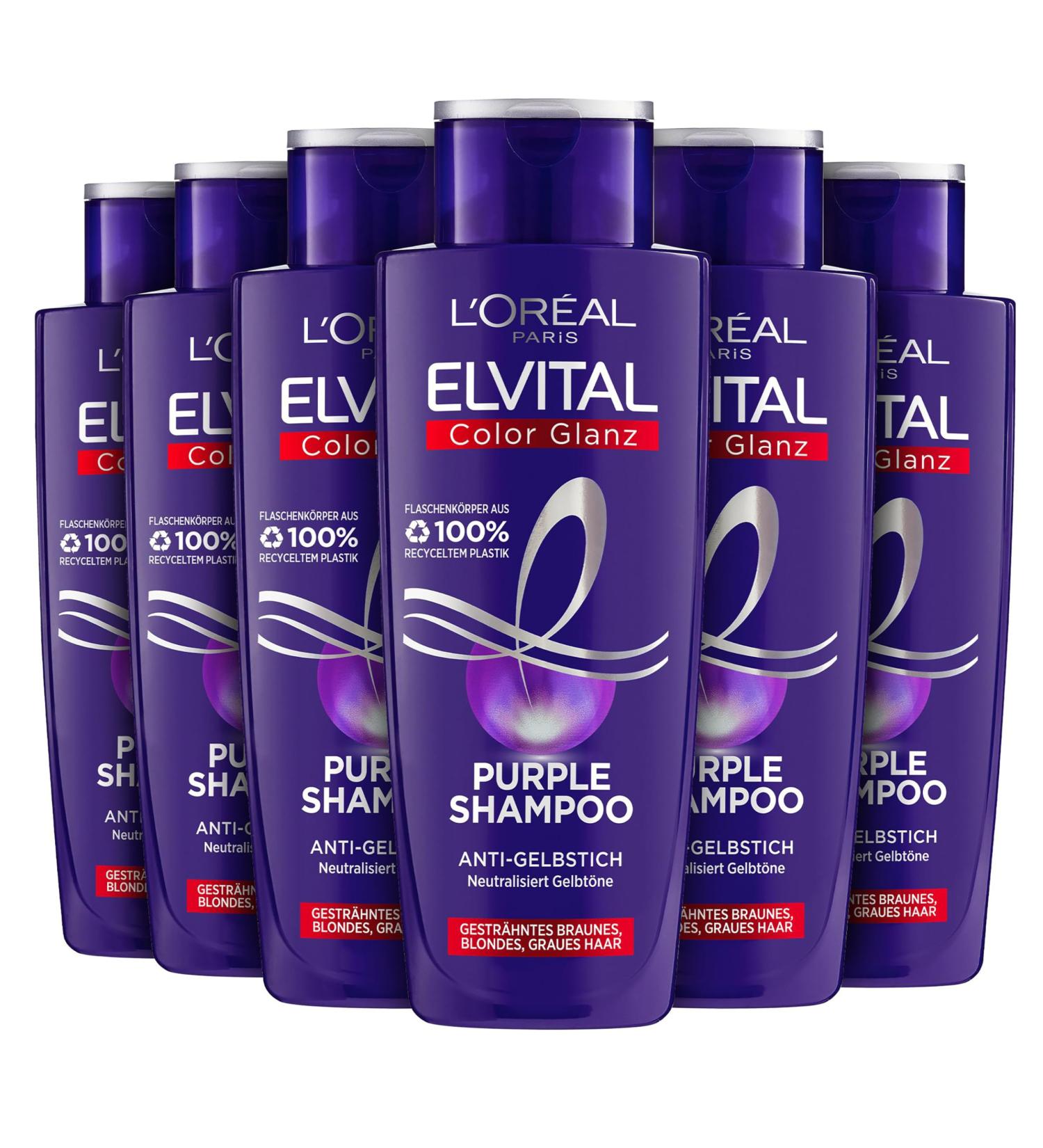 L'Or al Paris Elvital Shampoo for blonde highlighted gray hair neutralizing yellow tones Color Brillance Purple Silver Anti-yellowing shampoo 6 x 200 ml