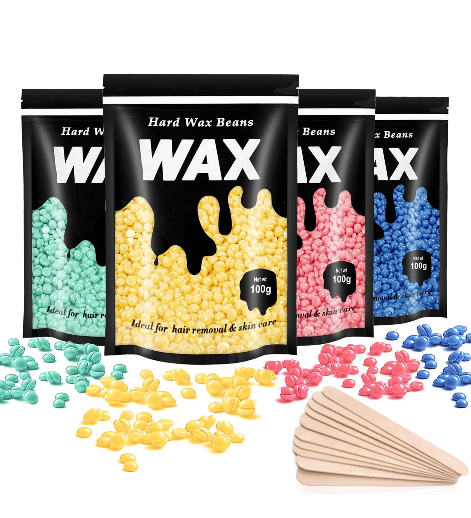 Leaflai Hard Wax Beads 4 x 100g + 10 Applicators | Painless Hair Removal for Full Body, Face, Bikini | Stripless Wax Beans for Brazilian & Hollywood - Buy Online on GoSupps.com