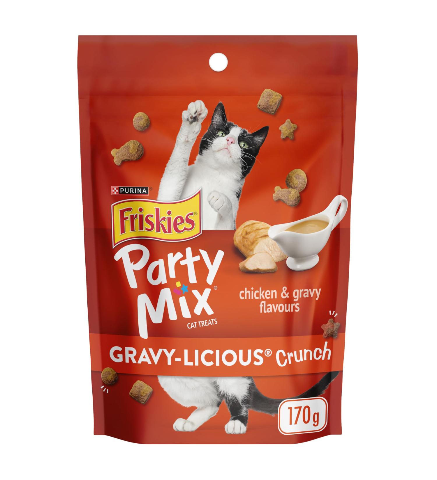 Friskies Party Mix Cat Treats Gravy-licious Crunch Chicken and Gravy - 170 g Pouch (1 Pack) 170 g (Pack of 1) Cat Treats - Buy Online on GoSupps.com