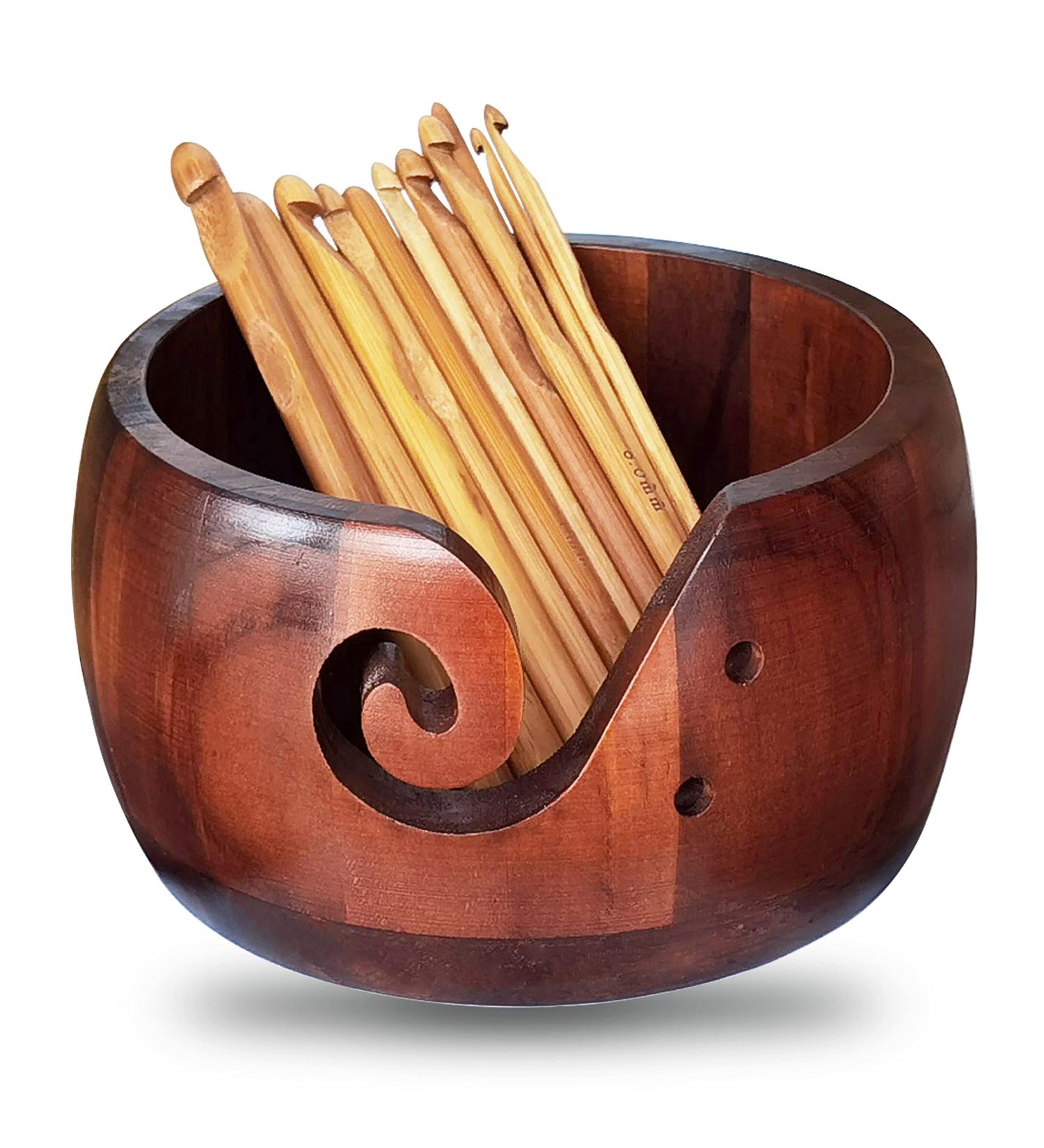 Wonderbooom Rosewood Yarn Bowl and 12 Bamboo Crochet Hooks Set - Handmade Wool Storage and Holder for Knitting - Perfect Mother's Day Gift - Buy Online on GoSupps.com