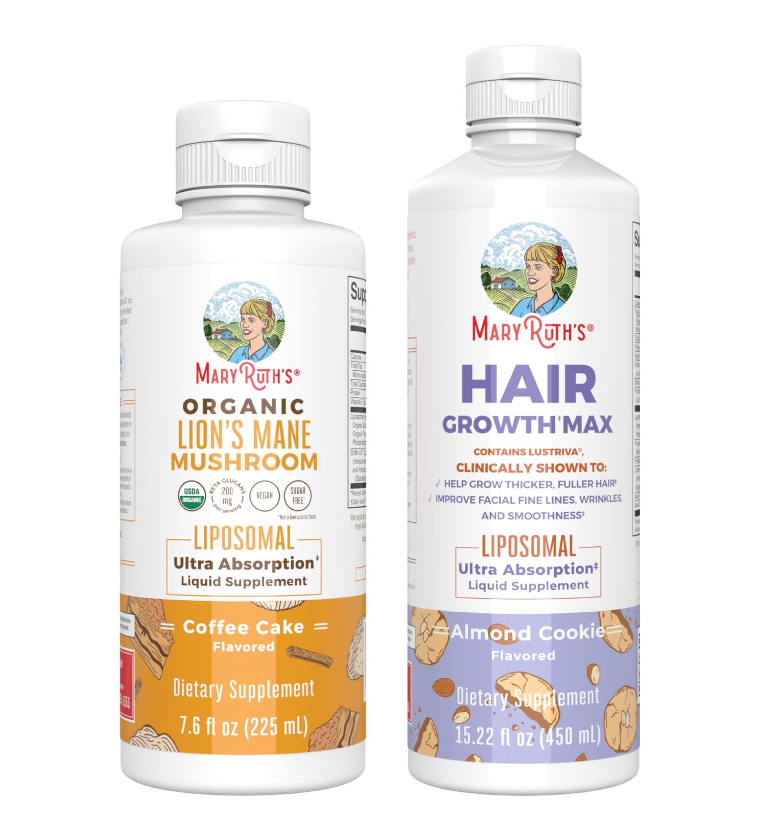 MaryRuth Organics Lion's Mane Liposomal (Coffee Cake) & Hair Growth MAX (Almond Cookie) | Clean Label Project Verified | Vitamins for Cognitive Support Beauty and Overall Health | Vegan Non-GMO - Buy Online on GoSupps.com