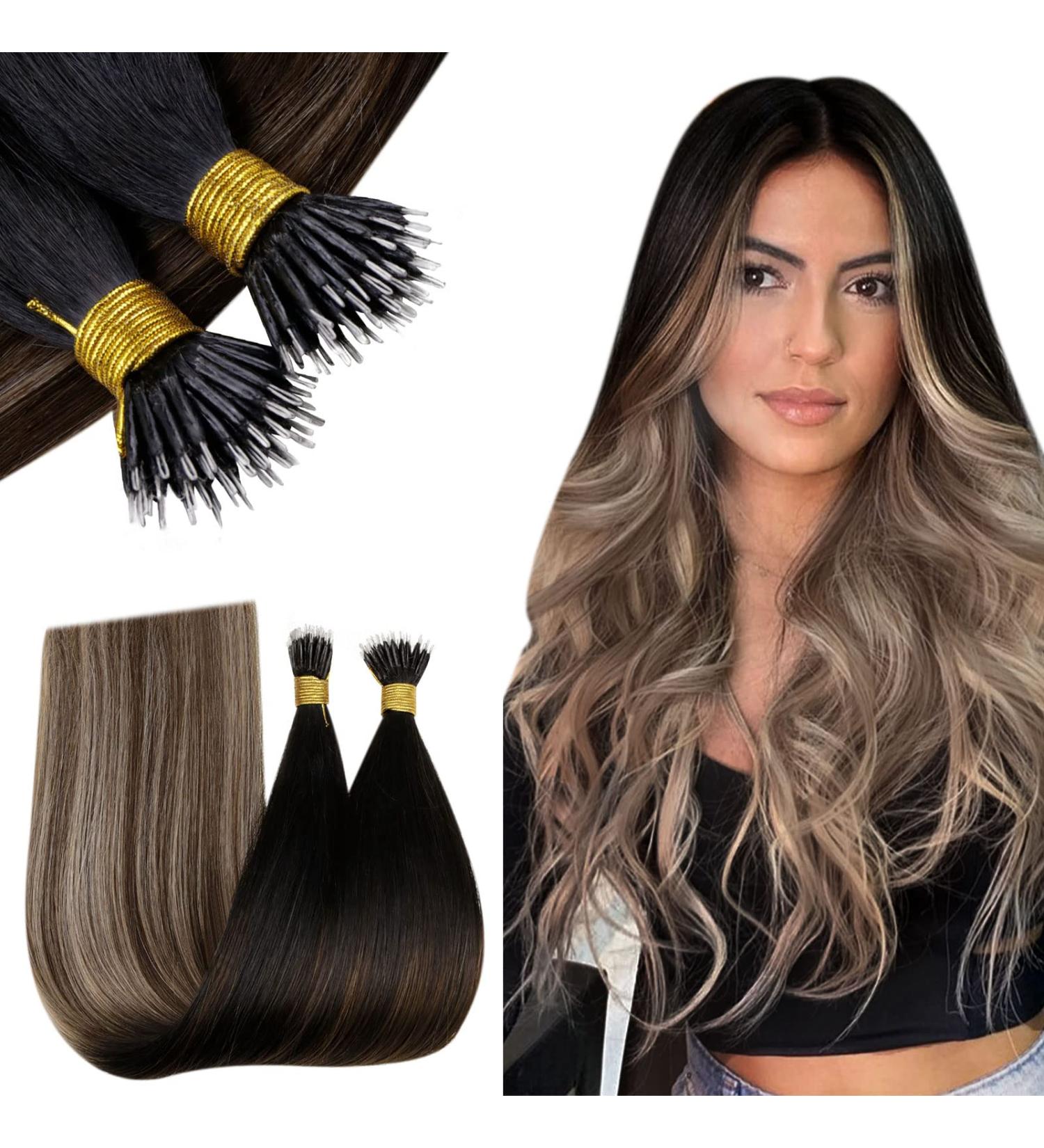 RUNATURE 18 Inch Nano Hair Extensions Black Balayage Brown Ombre Blonde 50g - A-Nano-#1B/4/27 - Buy Online on GoSupps.com