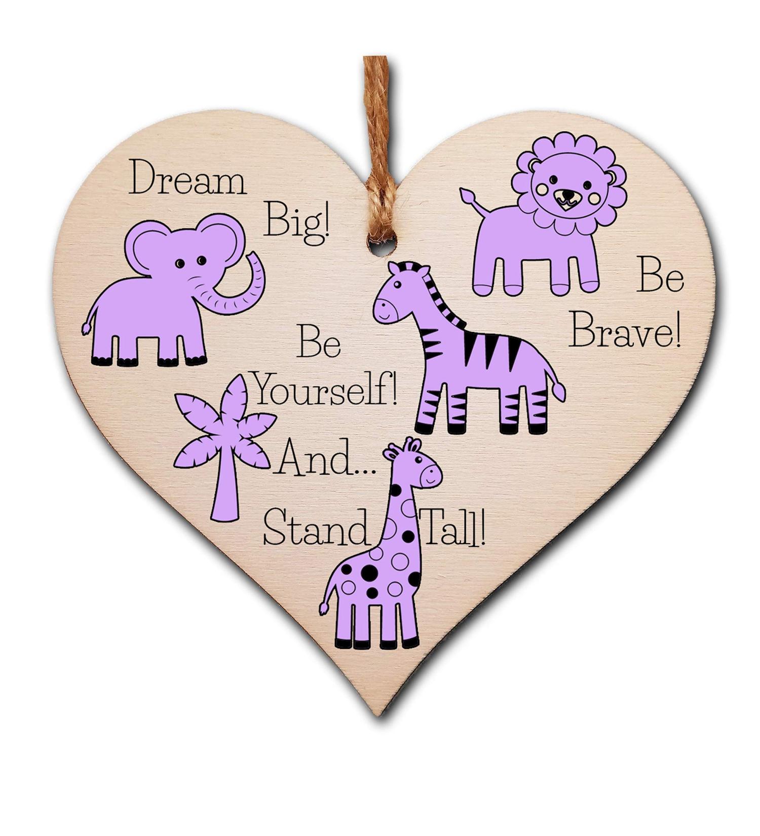 Plum Penguin Handmade Wooden Hanging Heart Plaque - Be Brave, Dream Big, Be Yourself - Gender-Neutral Safari Animals Nursery Wall Decoration - New Baby Present for Parents - Buy Online on GoSupps.com