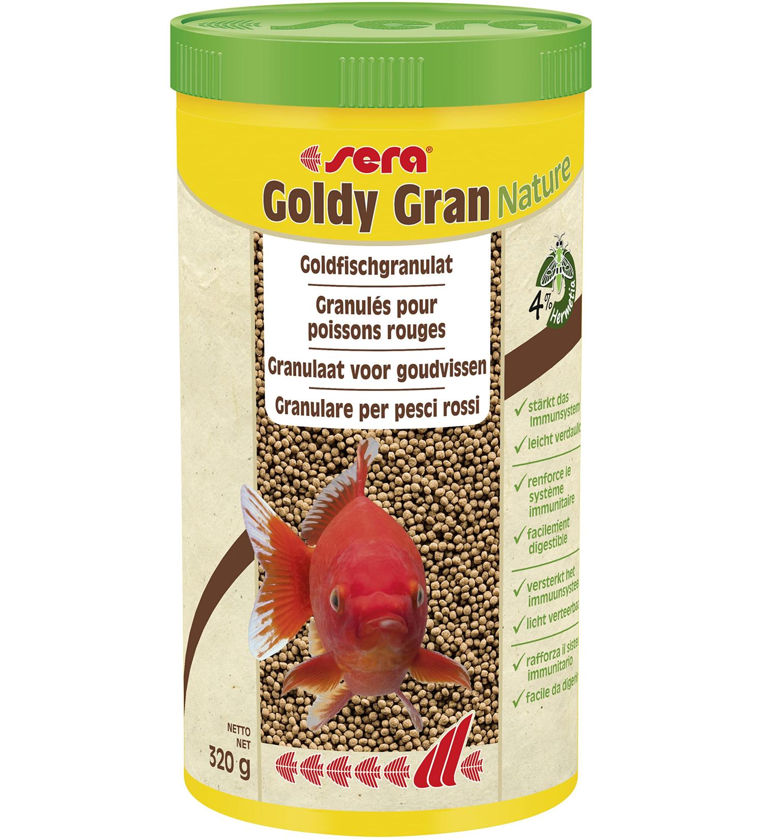 Sera Goldy Gran Nature 1L - Premium Granulate Feed for Larger Goldfish with 4% Insect Flour | High-Quality Pond Feed for Algae Control | 320g Pack - Buy Online on GoSupps.com