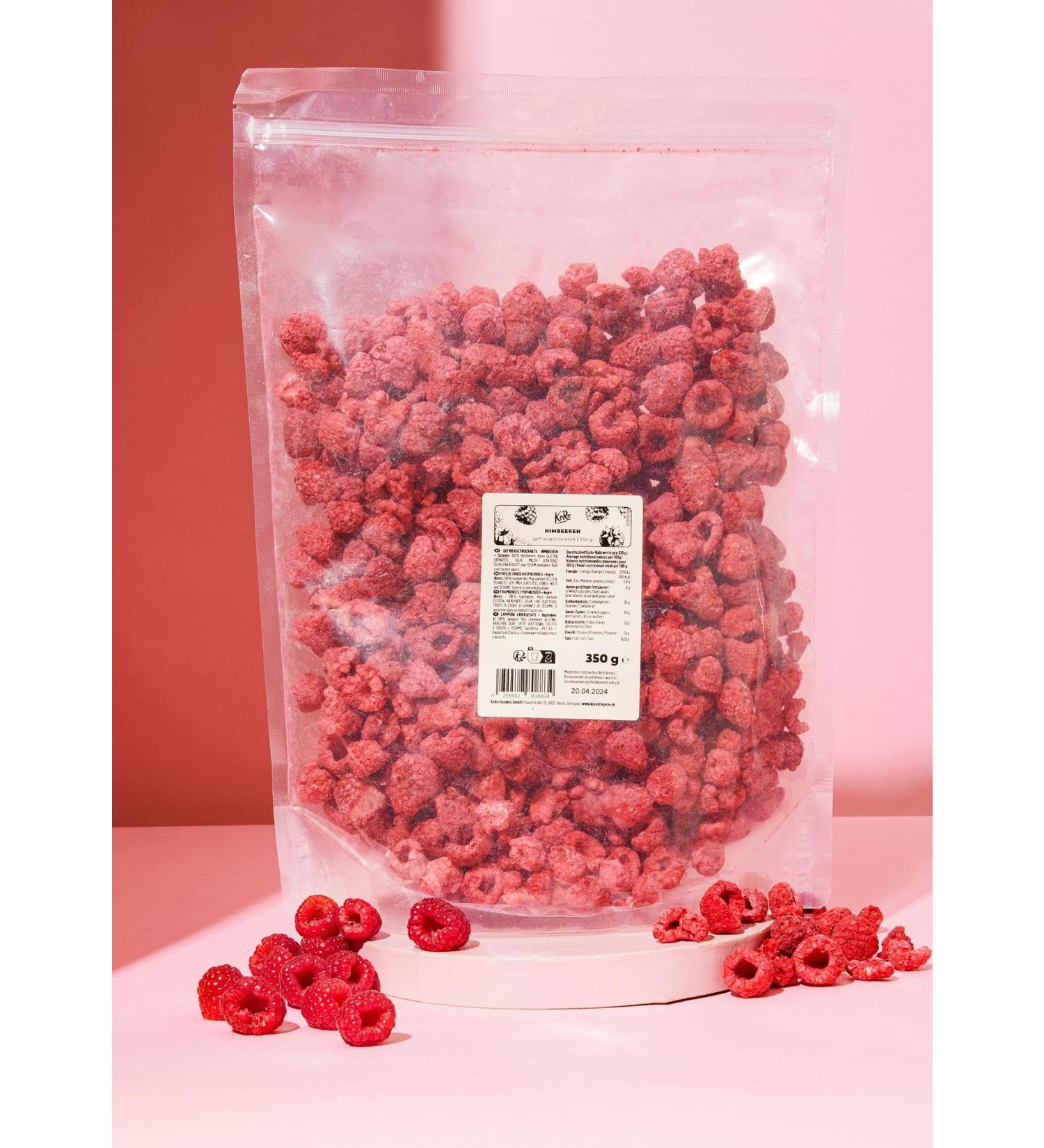KoRo - Framboises lyophilis es 350 g - 100 % framboises sans additifs - Riche en fibres - Fruit et aromatique - En garniture pour le muesli les chocolats ou comme collation entre les repas - Buy Online on GoSupps.com