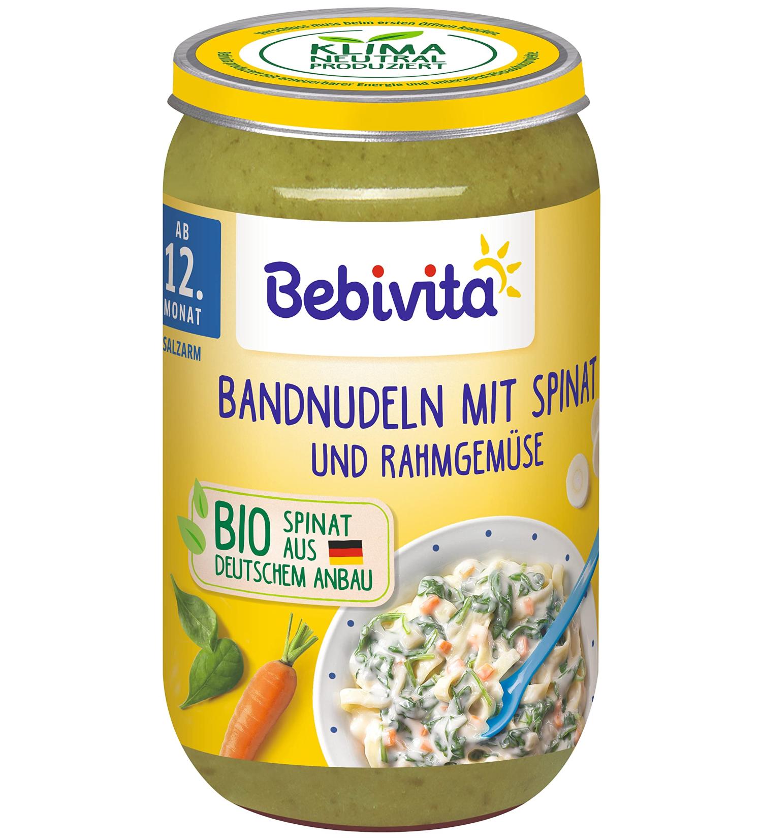 Bebivita menus from 12 months Ribbon noodles with spinach and creamed vegetables pack of 6 (6 x 250g) Ribbon noodles with spinach and creamed vegetables 250g