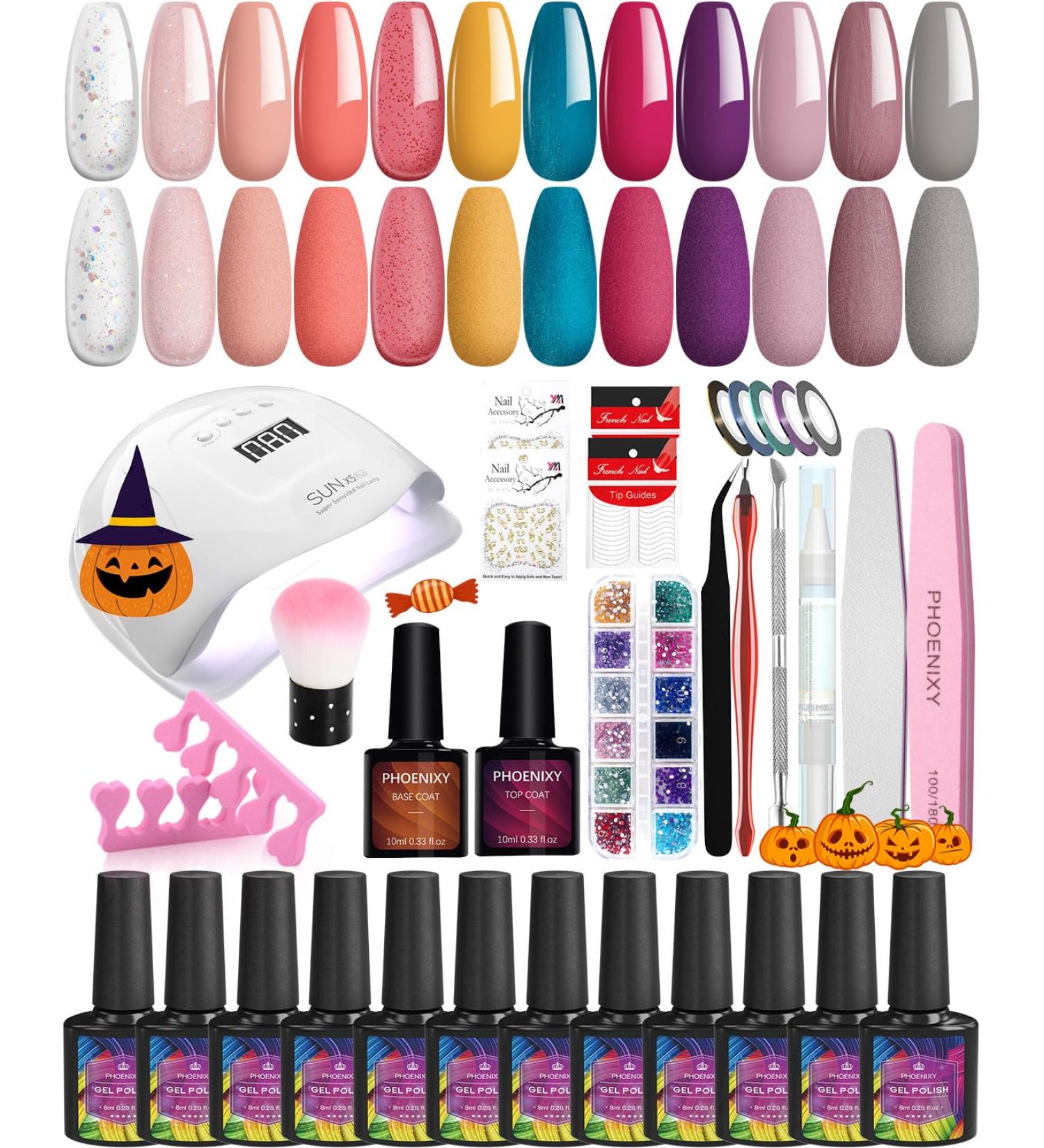 Gel Nail Polish Starter Kit with UV Light 80W LED Nail Lamp | Phoenixy 12 Colors Soak Off Gel Nail Polish Set | Base and Glossy Top Coat | Manicure Tools | Gel Nail Kits Gift Set for Women - Buy Online on GoSupps.com