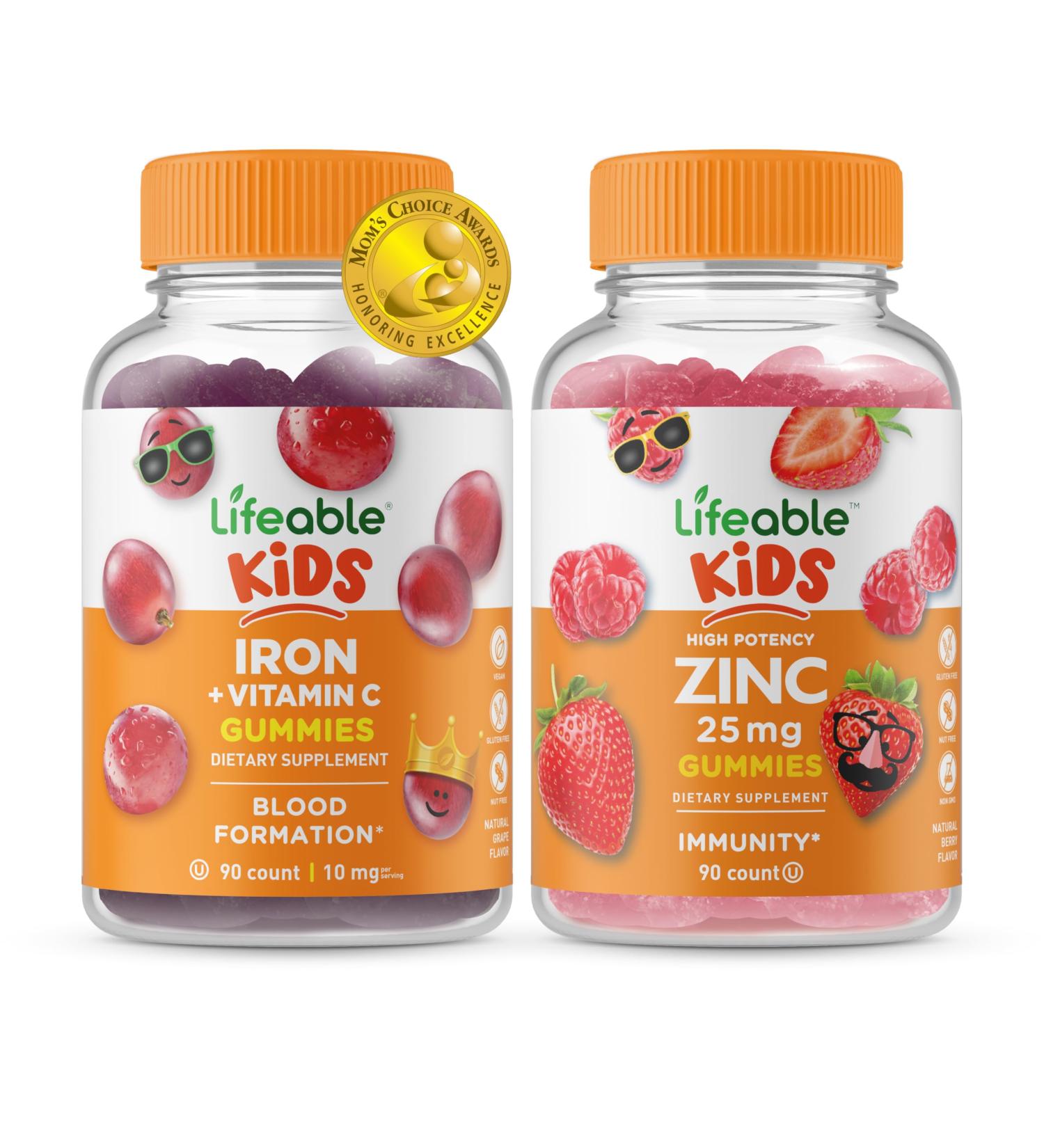 Lifeable Iron & Vitamin C Kids + Zinc 50mg Gummies Bundle - Great Tasting Vitamin Supplement Gluten Free GMO Free Chewable Gummy - Buy Online on GoSupps.com