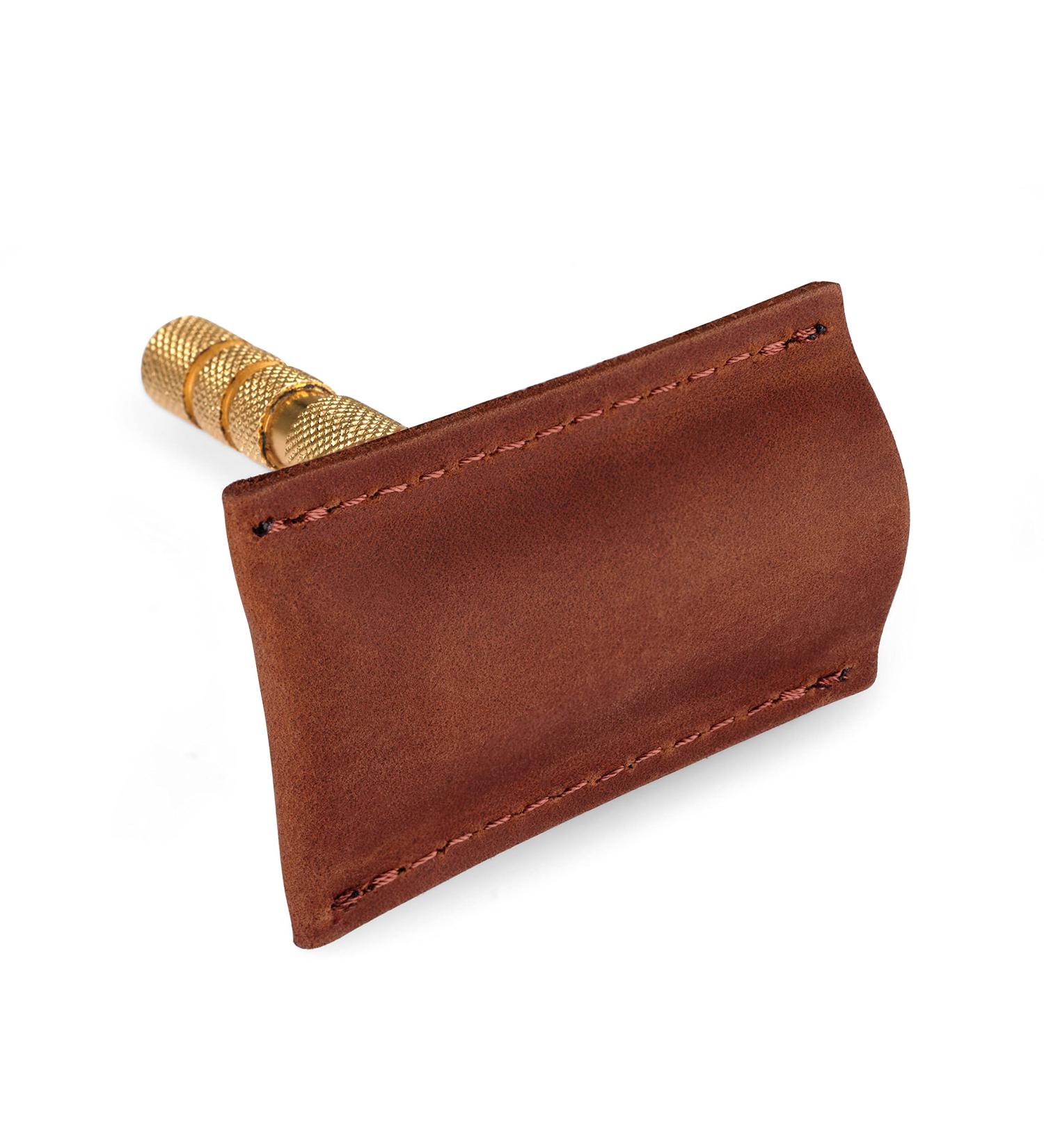 Genuine Cowhide Leather Safety Razor Head Cover | Travel-Friendly Double Edge Razor Case (Cognac - Buy Online on GoSupps.com