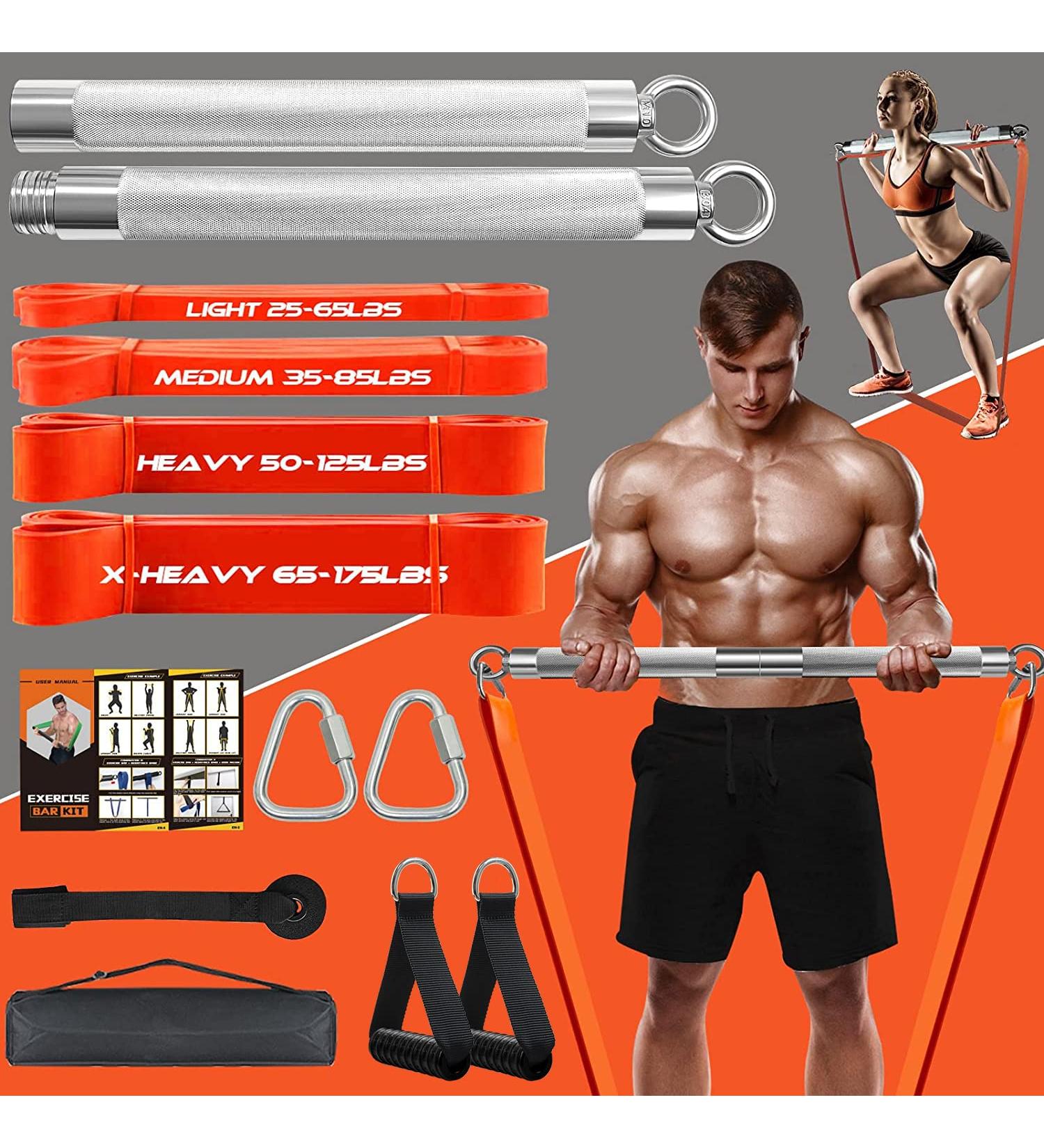 Portable Heavy-Duty Home Gym Resistance Band Bar Set | 4 Stackable Bands | Full Body Exercise Kit | 500LBS Capacity 90cm Bar & Workout Guide - Buy Online on GoSupps.com
