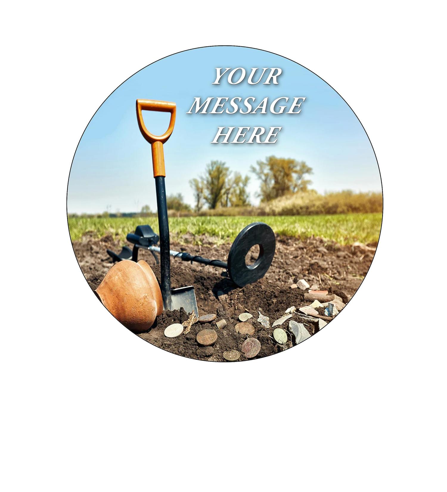 Orange Trading Dartmouth LTD A4 Edible Decor Icing Sheet PERSONALISED Metal Detecting Themed 7-8" Circle Cake Topper Decoration - Great for larger cakes