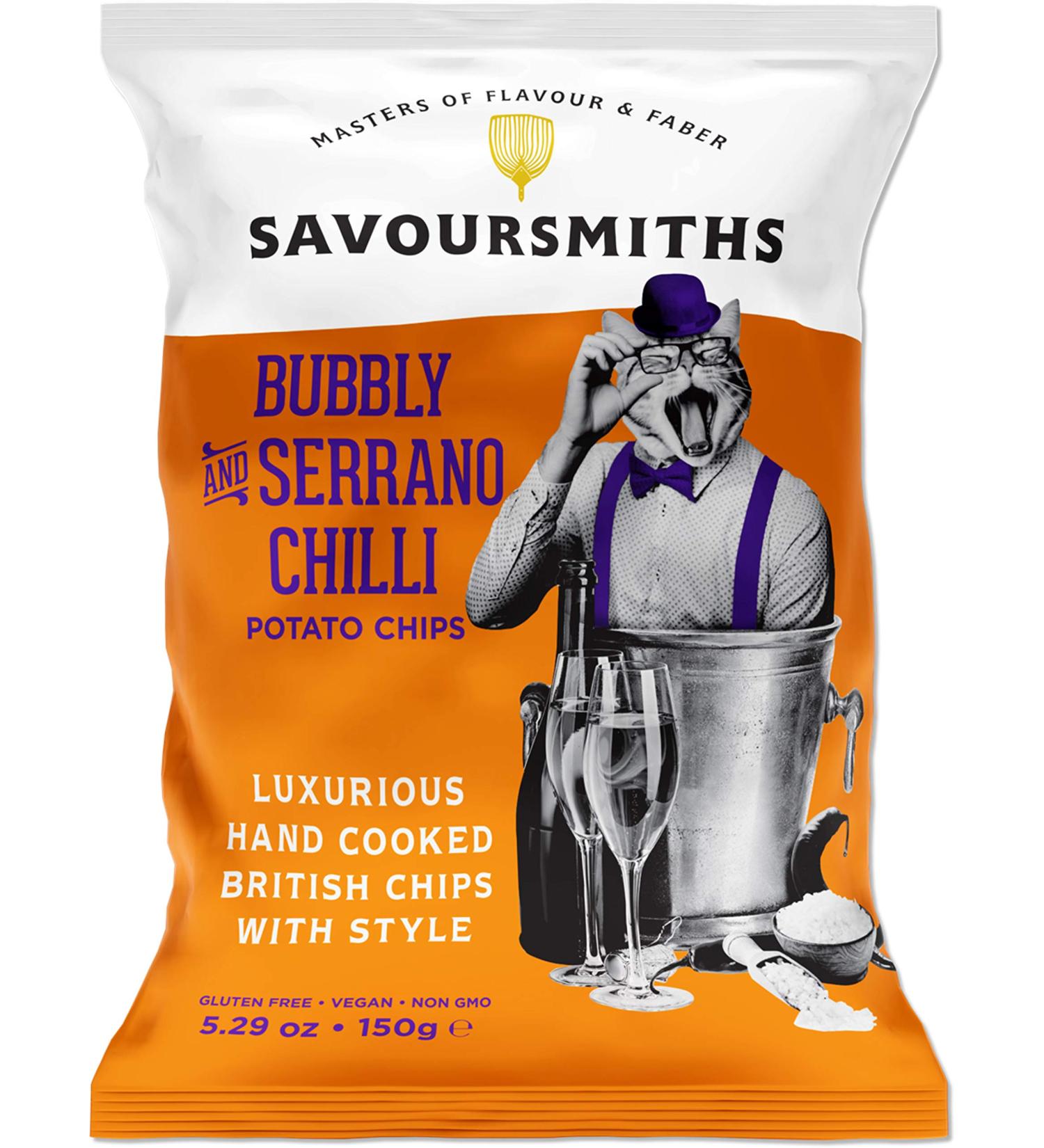 SavourSmiths Hand Cooked Potato Chips 5.29oz - Bubbly & Serrano Chili (4 Count) | Gluten Free, Vegan, Non-GMO, All Natural - Buy Online on GoSupps.com