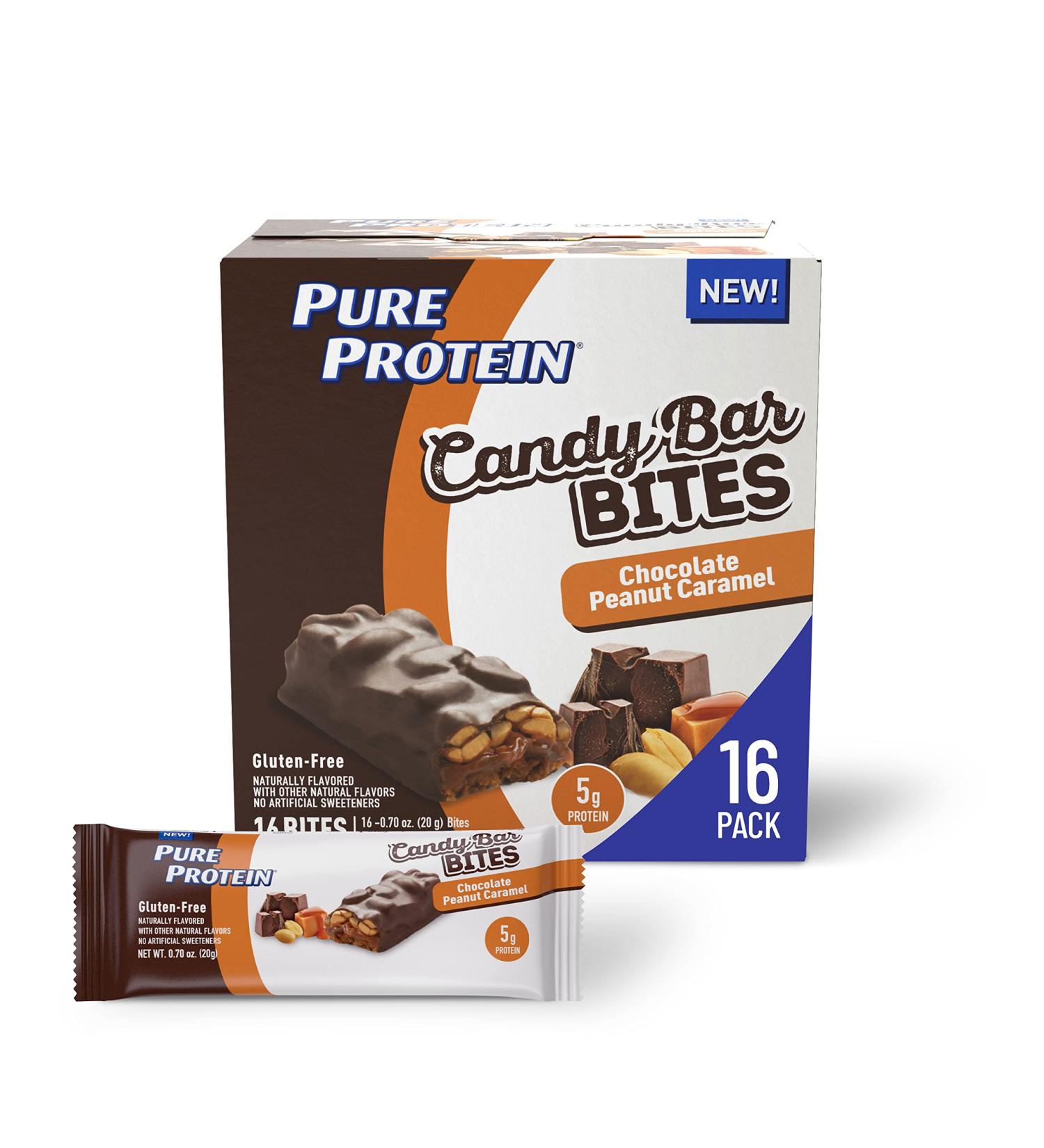 Pure Protein Candy Bar Bites - Chocolate Peanut Caramel, 5g Protein, Gluten Free, Low Sugar - 16 Pack, 0.70 oz each - Buy Online on GoSupps.com