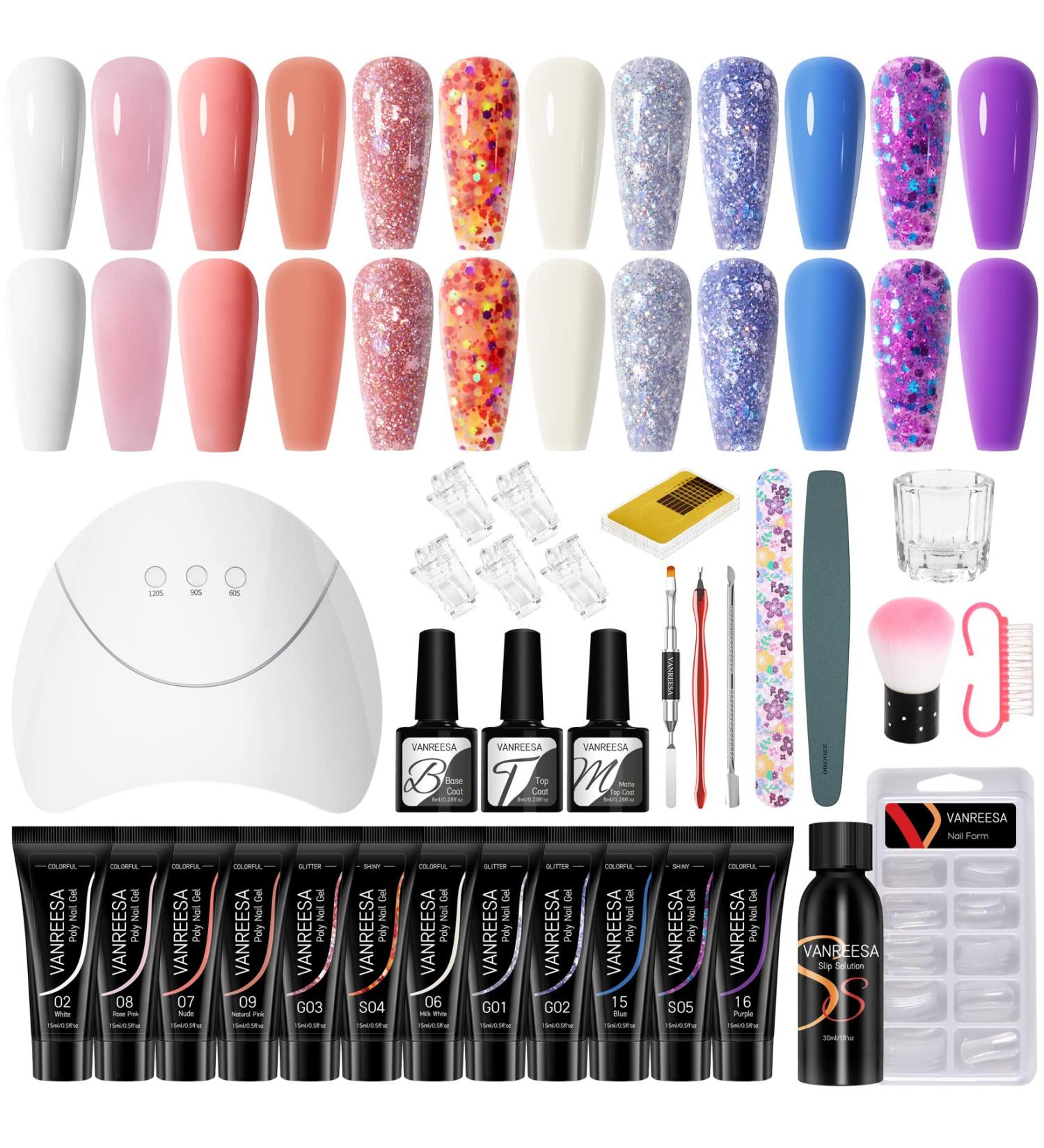 VANREESA Poly Nail Gel Kit - 12 Color 24 Effect Poly Extension Gel Nail Kit with UV LED Nail Lamp - Glitter Gel Nail Starter Kit for Beginners - PINK+PURPLE - Gift for Women - Buy Online on GoSupps.com