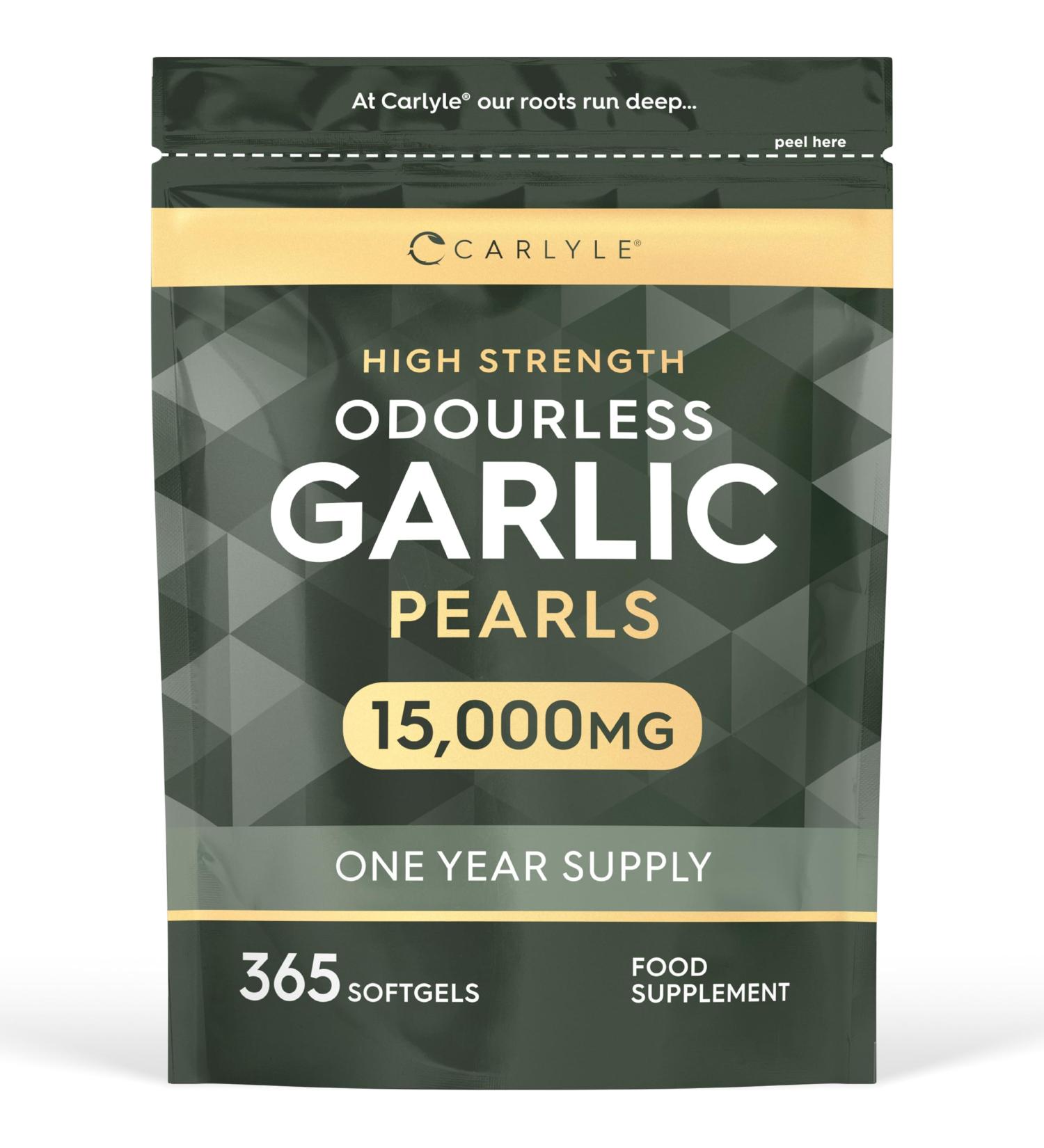 Odourless Garlic Capsules 15000mg | 365 Count | High Strength Garlic Oil | One Year Supply | No Artificial Preservatives | by Carlyle - Buy Online on GoSupps.com