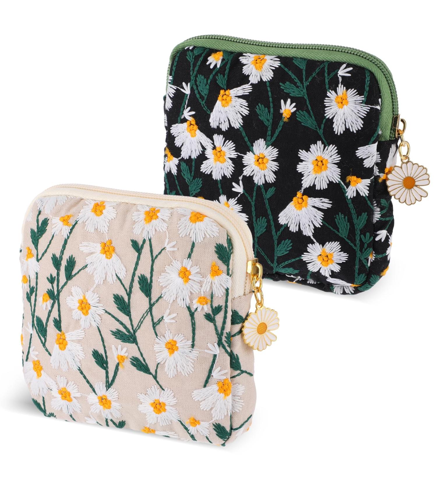TIESOME Daisies Sanitary Napkin Storage Bag 2 Pcs Embroidery Menstrual Cup Pouch Cotton Soft Period Holder Bag Portable Tampon Holder Pad Pouch Period Kit Bag for Women Teen Girls - Buy Online on GoSupps.com