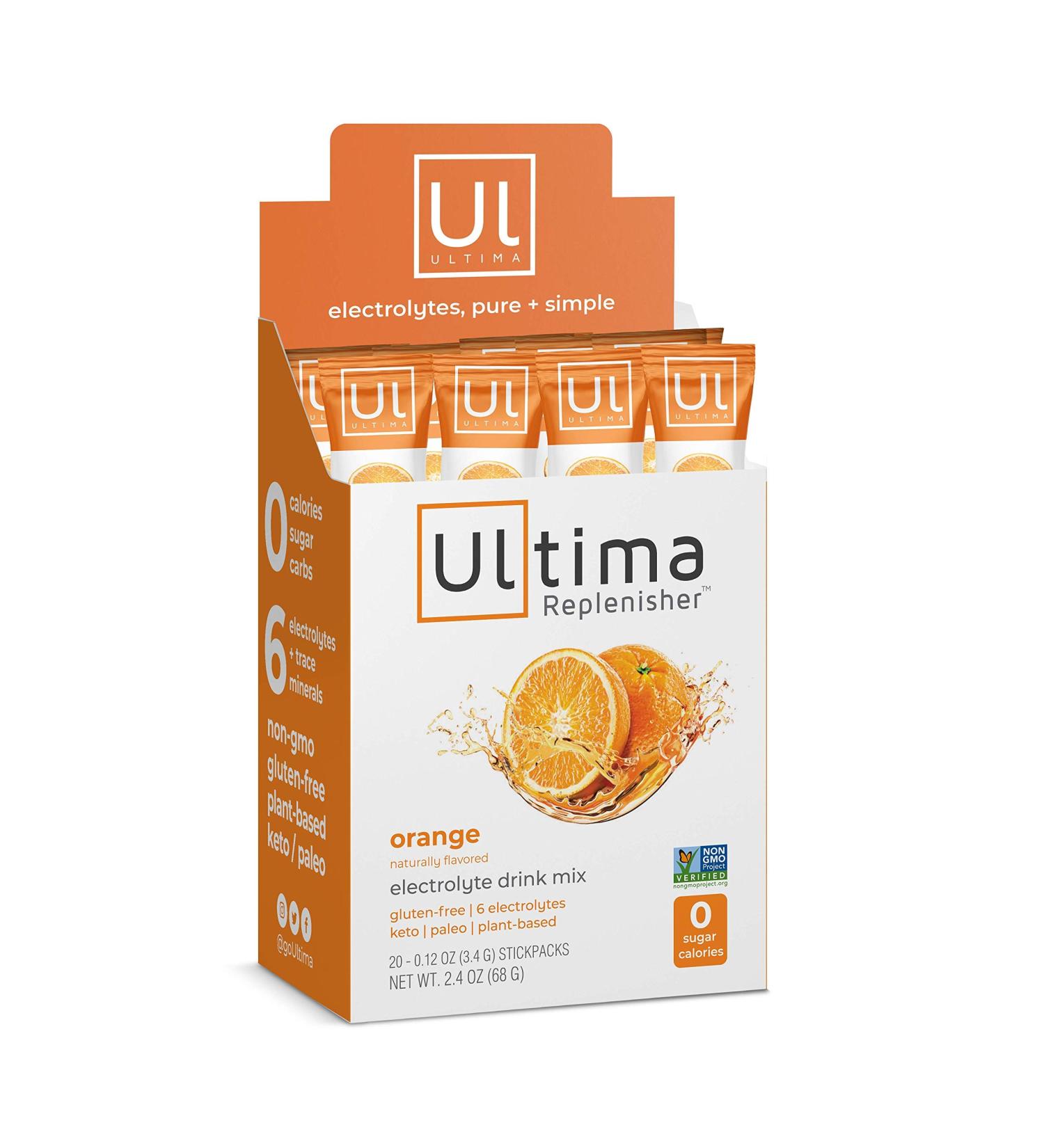 Ultima Replenisher Electrolyte Hydration Powder Orange 20 Stickpacks - Sugar Free, 0 Calories, 0 Carbs - Keto-Friendly with Magnesium, Potassium, Calcium - Gluten-Free & Non-GMO - 2.4 oz (Pack of 1) - Buy Online on GoSupps.com
