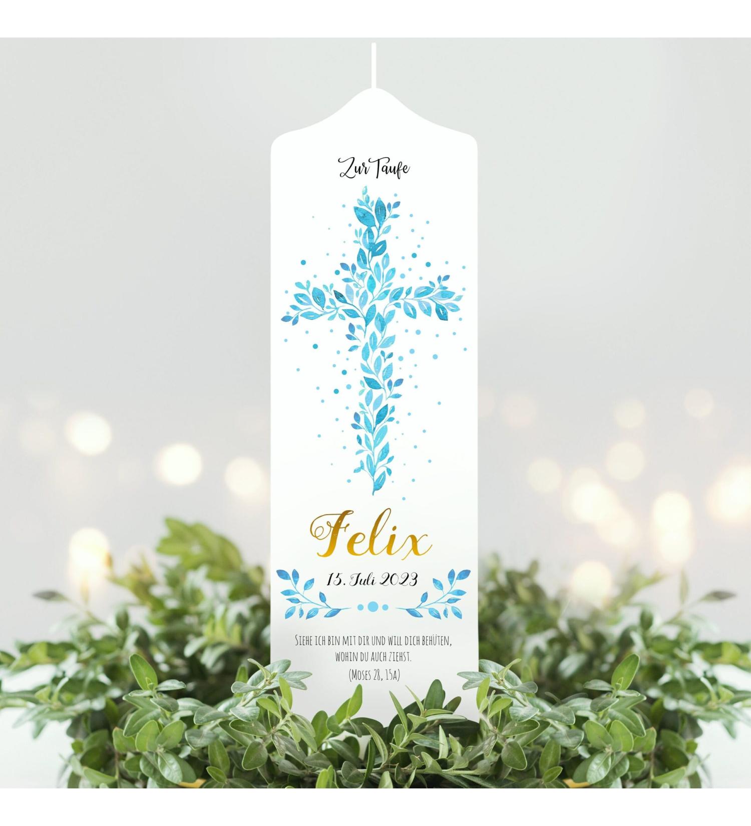 Personalized Wall Sticker Baptism Candle - Blue Cross Leaf Motif | Unique 25cm x 7cm Gift for Baptism Celebrations - Buy Online on GoSupps.com