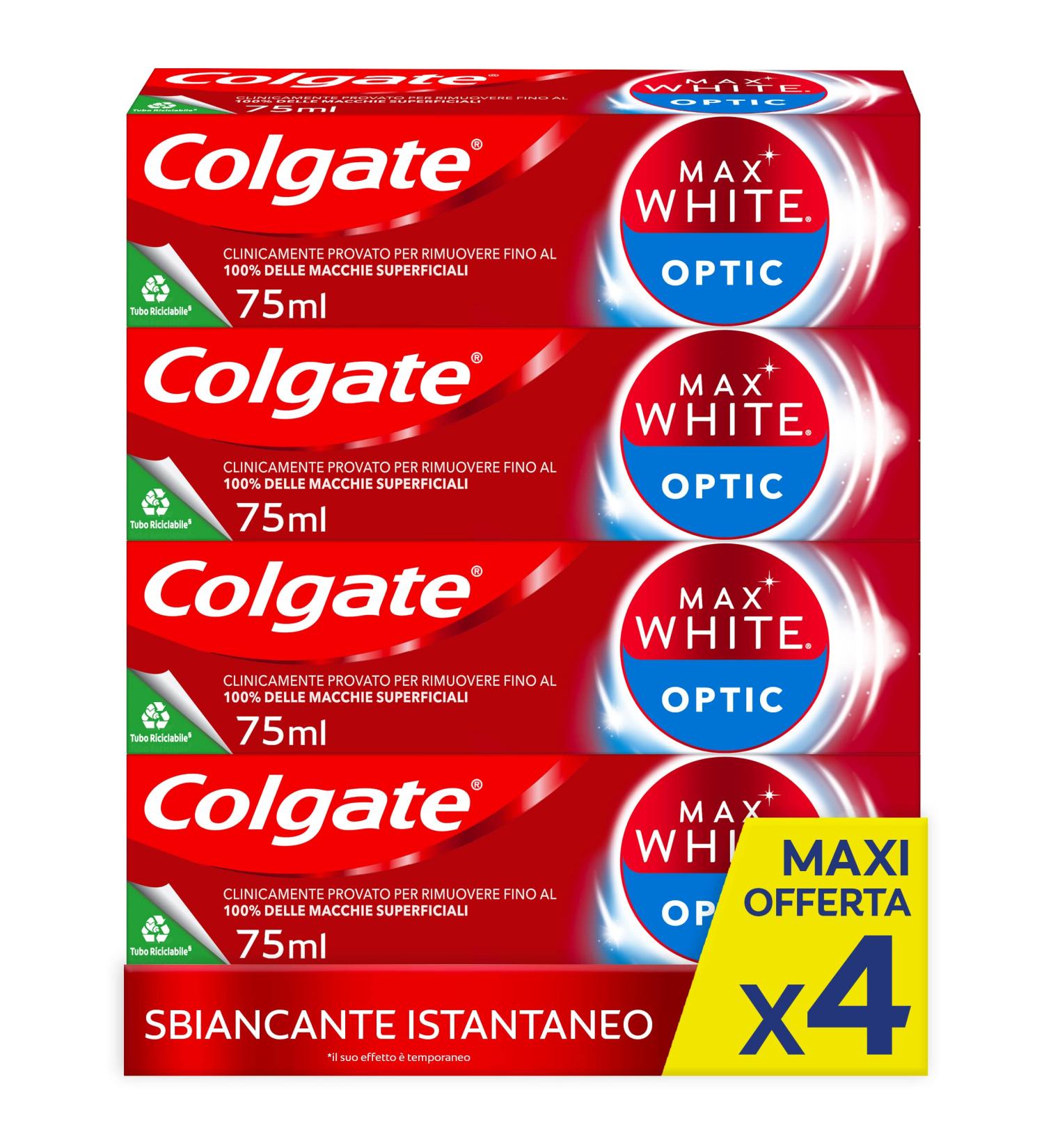 Colgate Max White Optic Instant Whitening Toothpaste - Clinically Proven Removes 100% Superficial Spots 4 x 75 ml - International Shipping Available - Buy Online on GoSupps.com