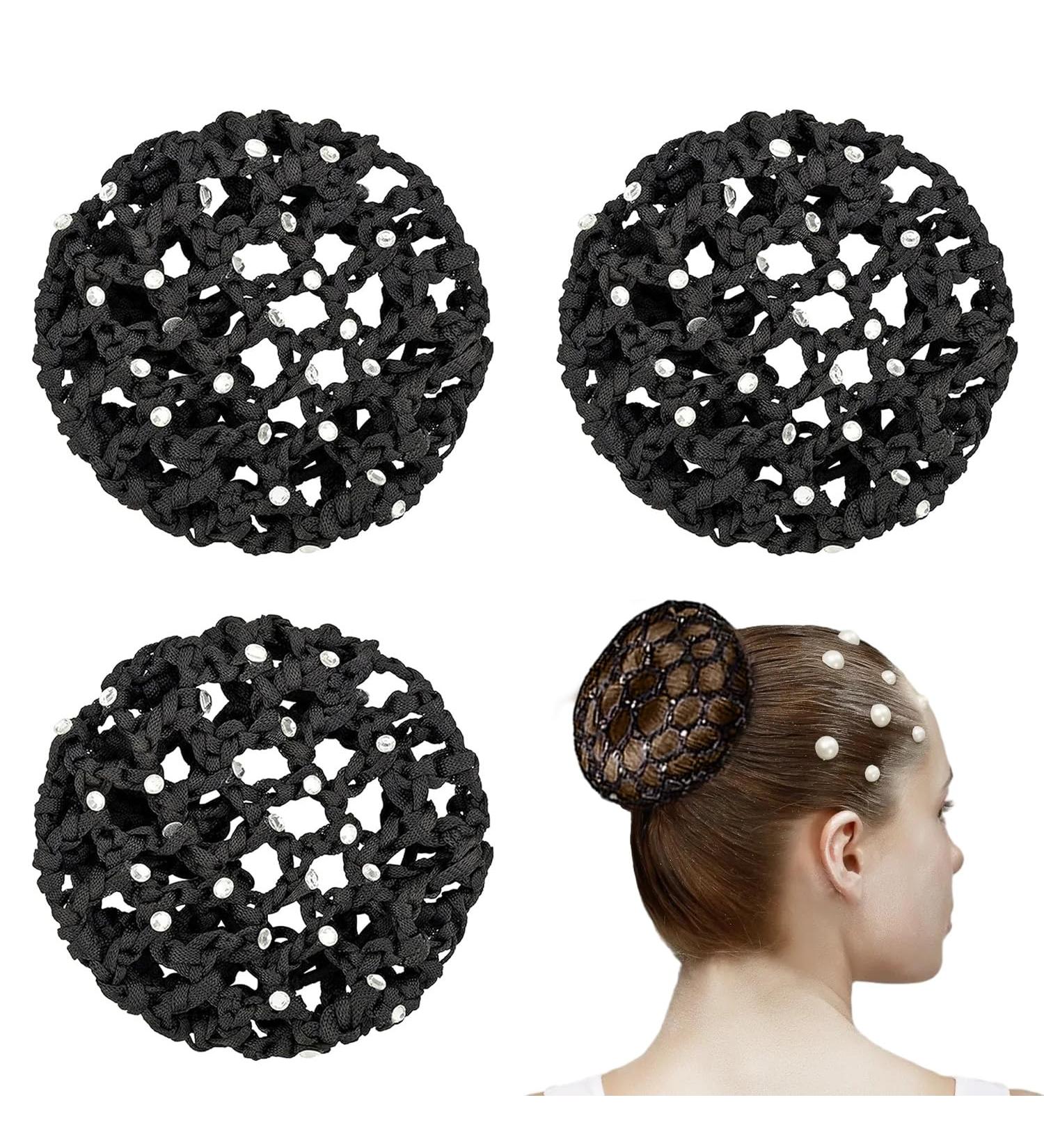 3-Piece Hair Network Crystal Bun Set | Stylish Hairstyles for Ballet Gymnastics & Sports | Black Fabric Bunting for Kids - Buy Online on GoSupps.com