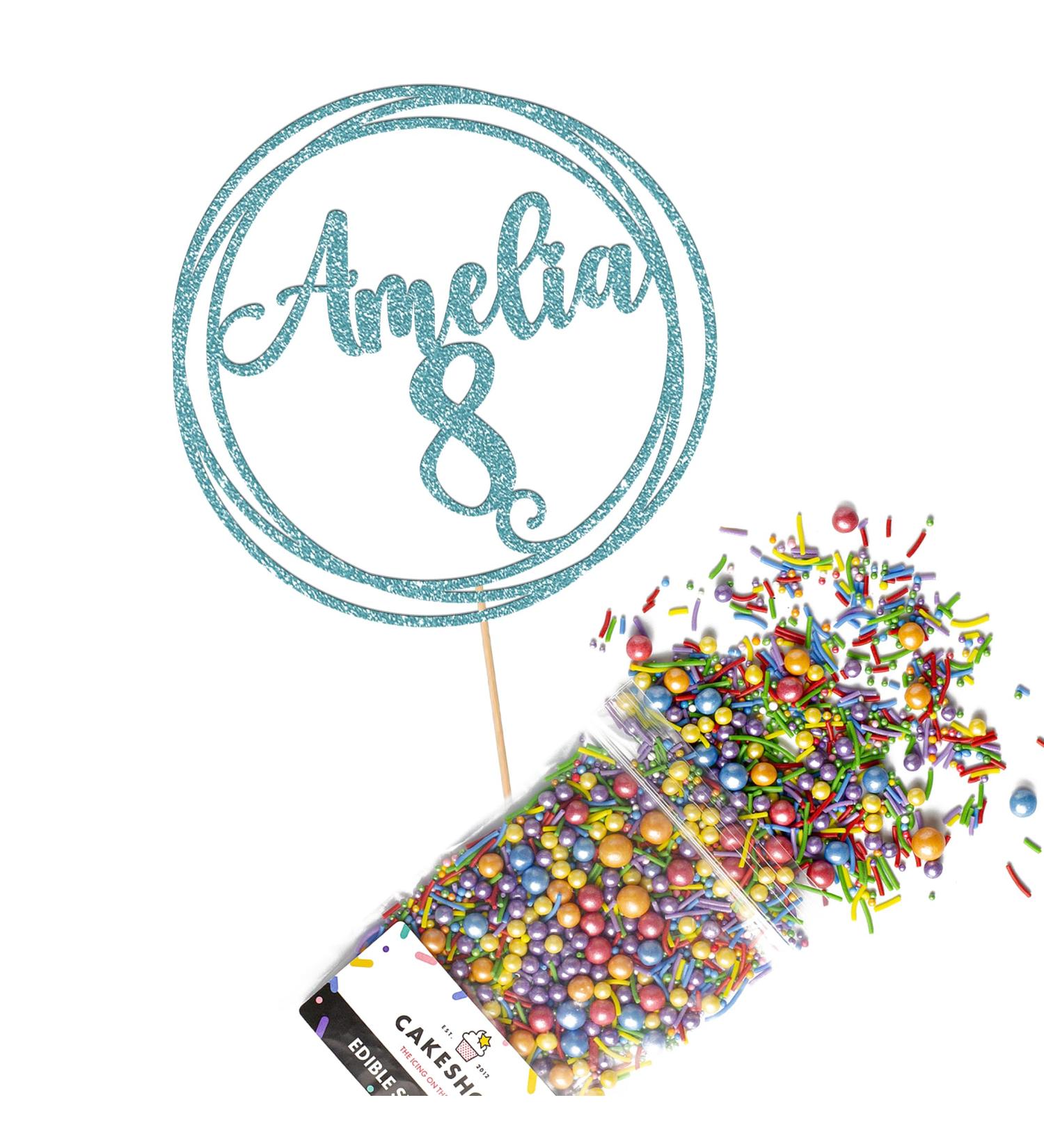 Cakeshop Cake Decoration Pack | Round Happy Birthday Premium Double Sided Glitter Card Cake Topper & 25g Party Pack of Cake Sugar Sprinkles | Custom Name & Age Cake Decorations (Baby Blue) Non-Prime Glitter Card: Baby Blue - Buy Online on GoSupps.com