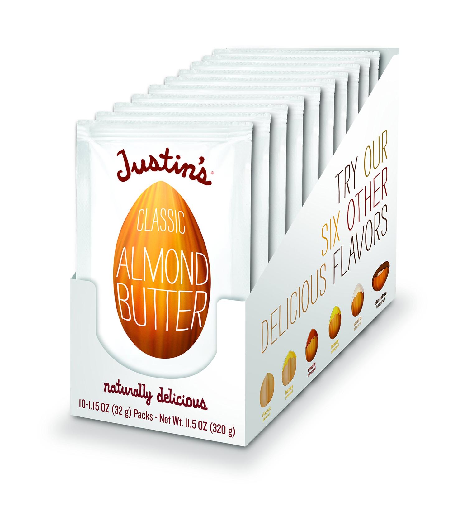Justin's Classic Almond Butter Squeeze Packs - 100% Almonds, Gluten-Free, Non-GMO, Vegan - 3 Packs of 10 (1.15oz each) - 11.5oz (Pack of 3) - Buy Online on GoSupps.com