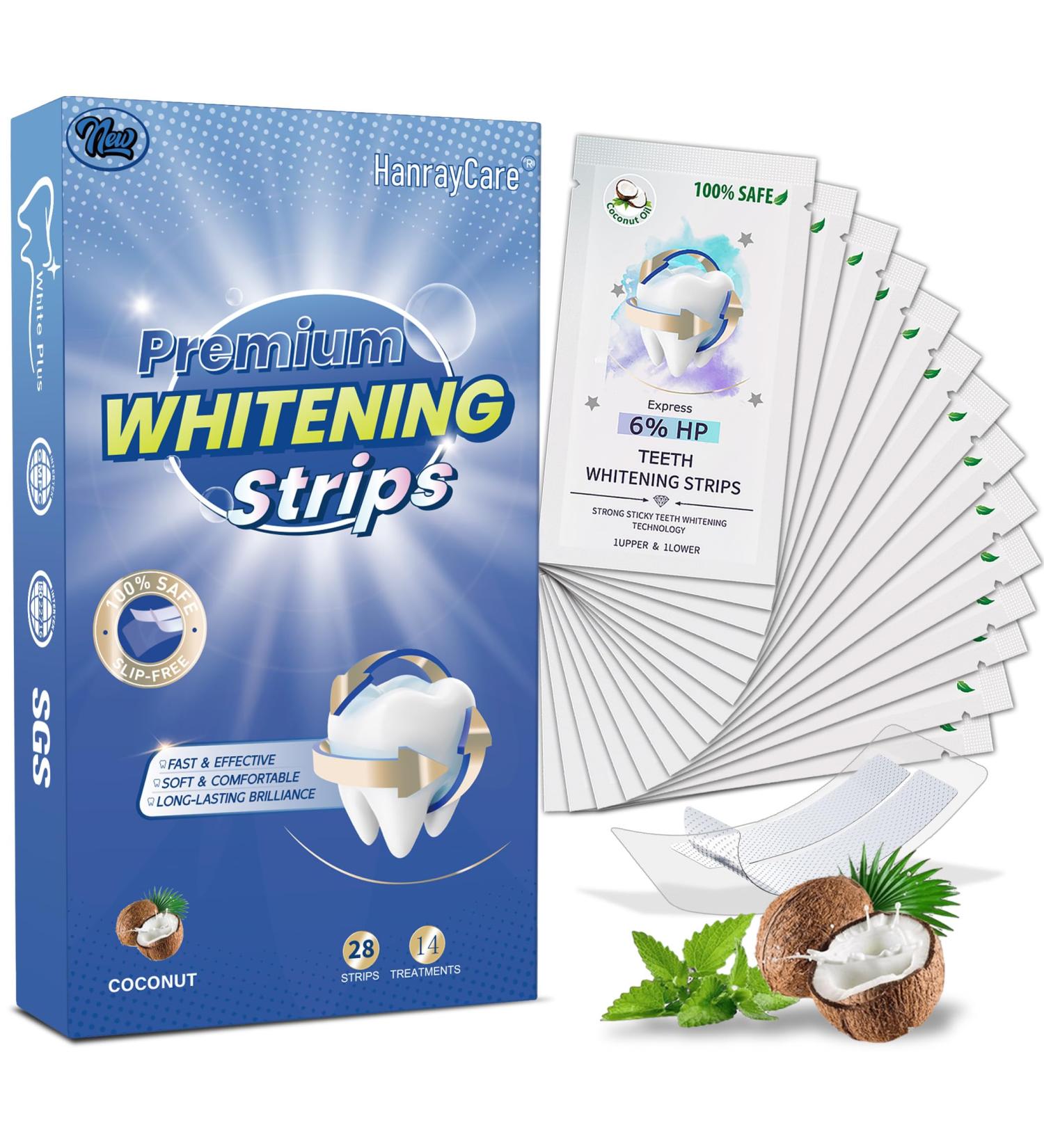 Enamel-Safe Teeth Whitening Strips for Deep Stain Removal Professional Dentist-Approved with Hydrogen Peroxide Super Sticky & Non-Slip Clinically Tested Brightening Kit 28 Ct (14-Day) | HanrayCare Coconut Advanced | 28  - Buy Online on GoSupps.com