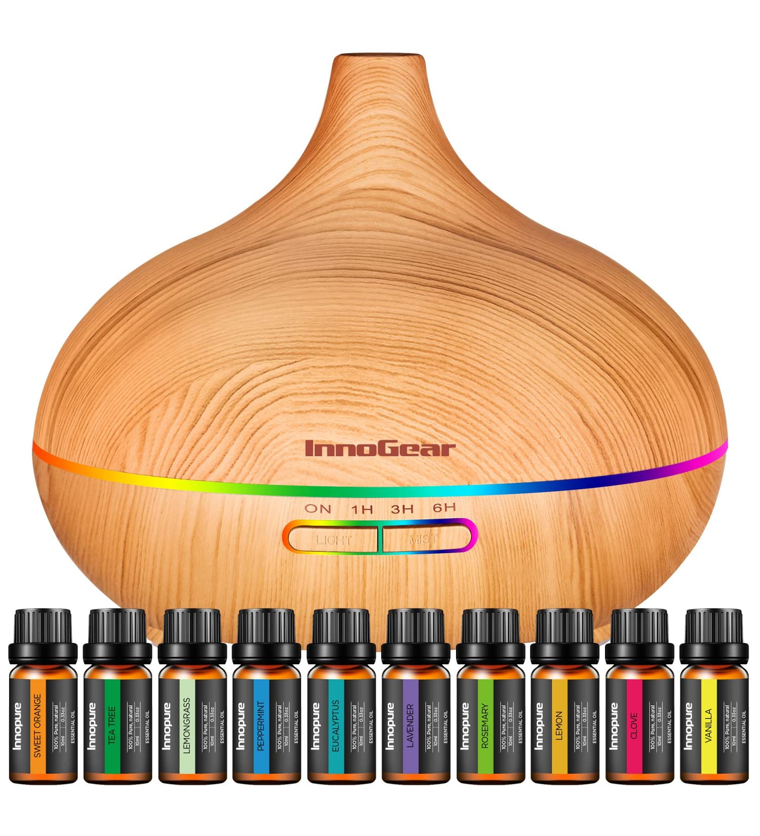 InnoGear Aromatherapy Diffuser & 10 Essential Oils Set | 400ml Ultrasonic Cool Mist Humidifier | 4 Timers 7 Colors Light | Waterless Auto Off | Yellow Wood Grain - Buy Online on GoSupps.com