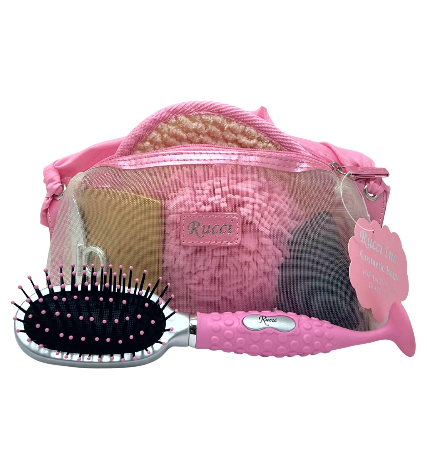 Rucci Bath Set with Eva Sponge Ball/White Compact Mirror/Pink Massage Pad/Pumice Stone/Oval Suction Hairbrush  1 Pound - Buy Online on GoSupps.com