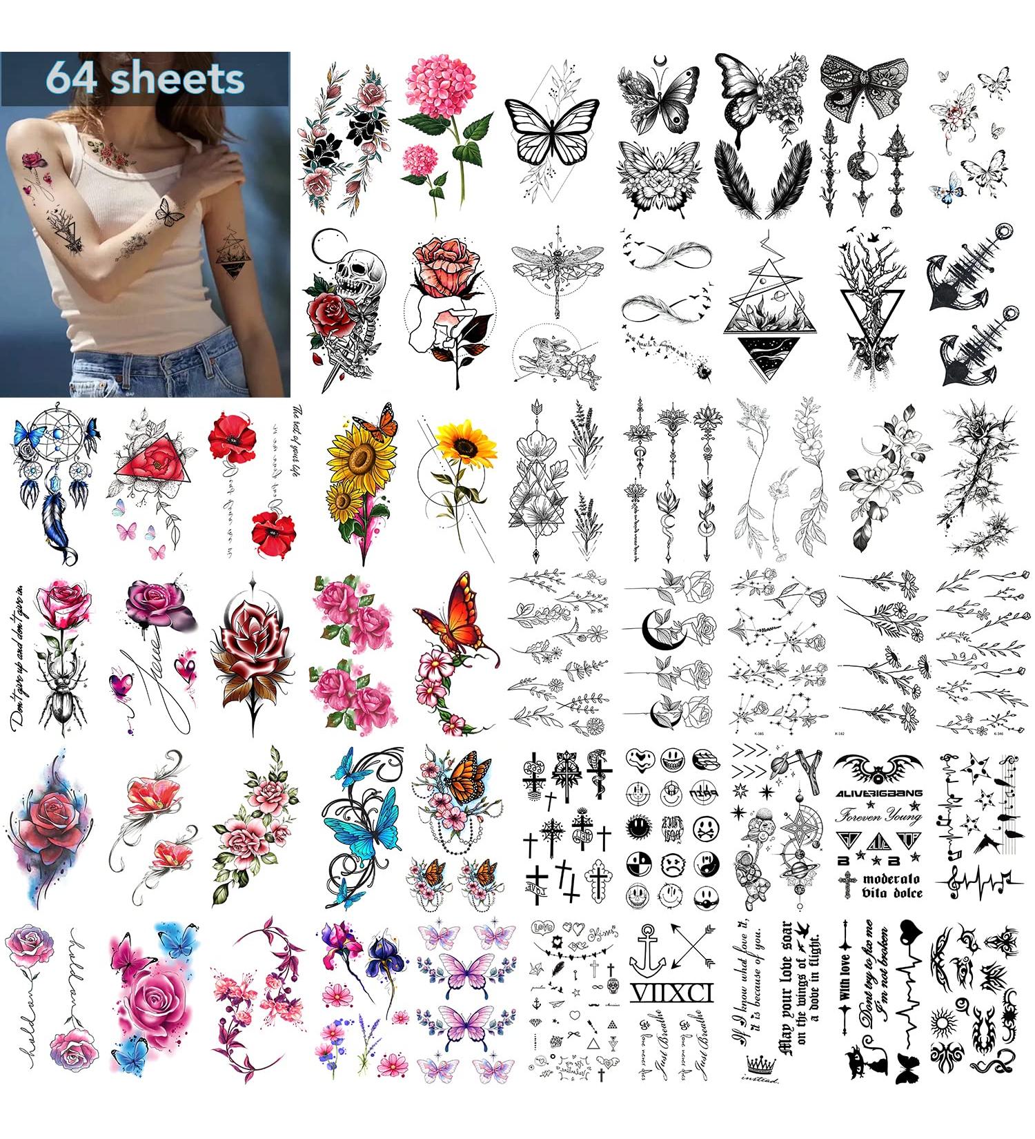 Flower and Butterfly Temporary Tattoos - 64 Sheets for Women and Girls | Arm, Hand, Face, Finger Adhesive Stickers - Buy Online on GoSupps.com