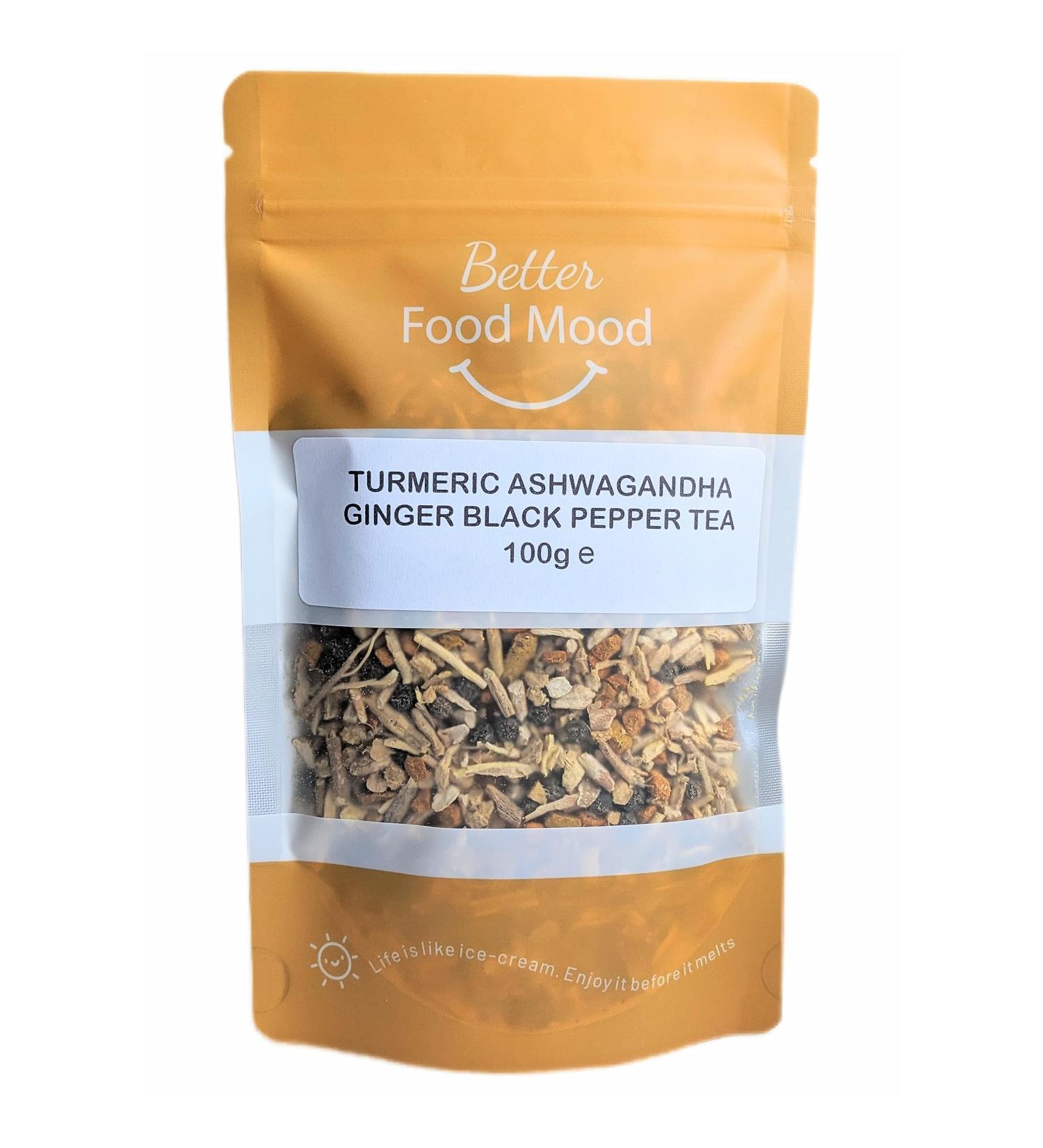 Turmeric Ashwagandha Ginger Black Pepper Loose Leaf Tea 100gm - Digestion & Stress Relief | Superfood | Antioxidant Rich - No Caffeine - Buy Online on GoSupps.com