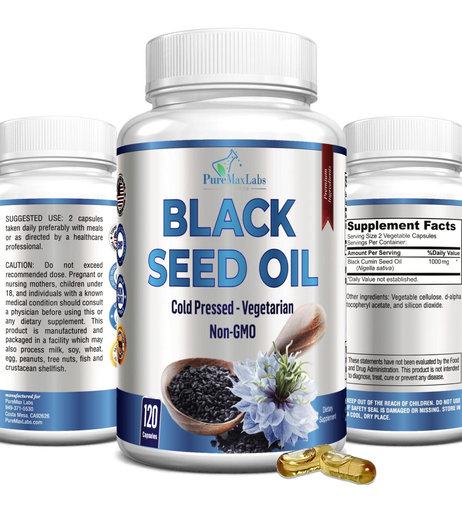 Premium Cold Pressed Black Seed Oil Capsules with Vitamin E - Hair, Skin & Immune Health - 120ct - Buy Online on GoSupps.com
