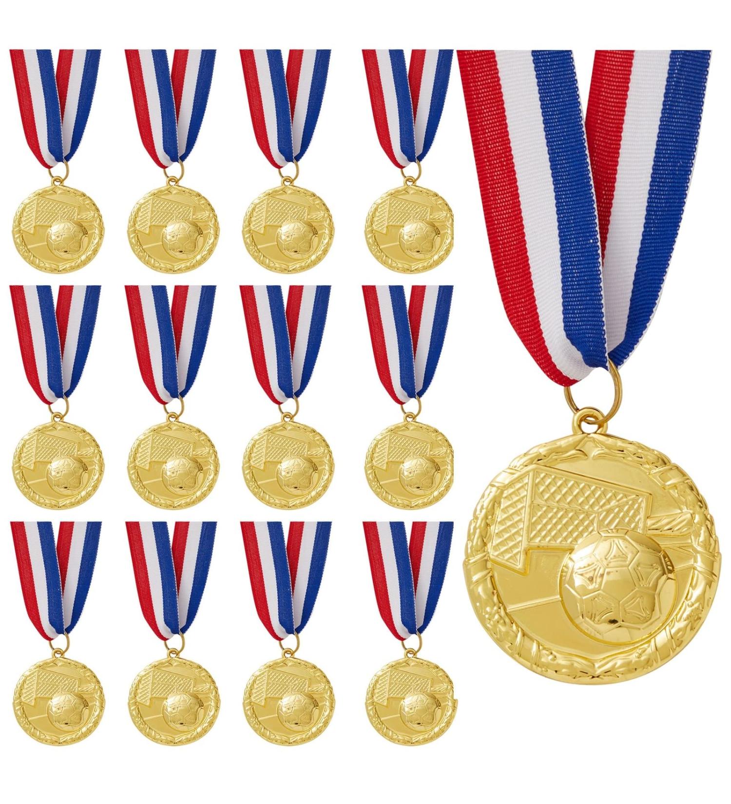 Juvale 12 Pack Soccer Medals - Gold Metal Team Participation Trophies for Kids and Adults - Perfect for Parties - Red, White, Blue Stripes with Soccer Ball and Goal Net Design - Buy Online on GoSupps.com