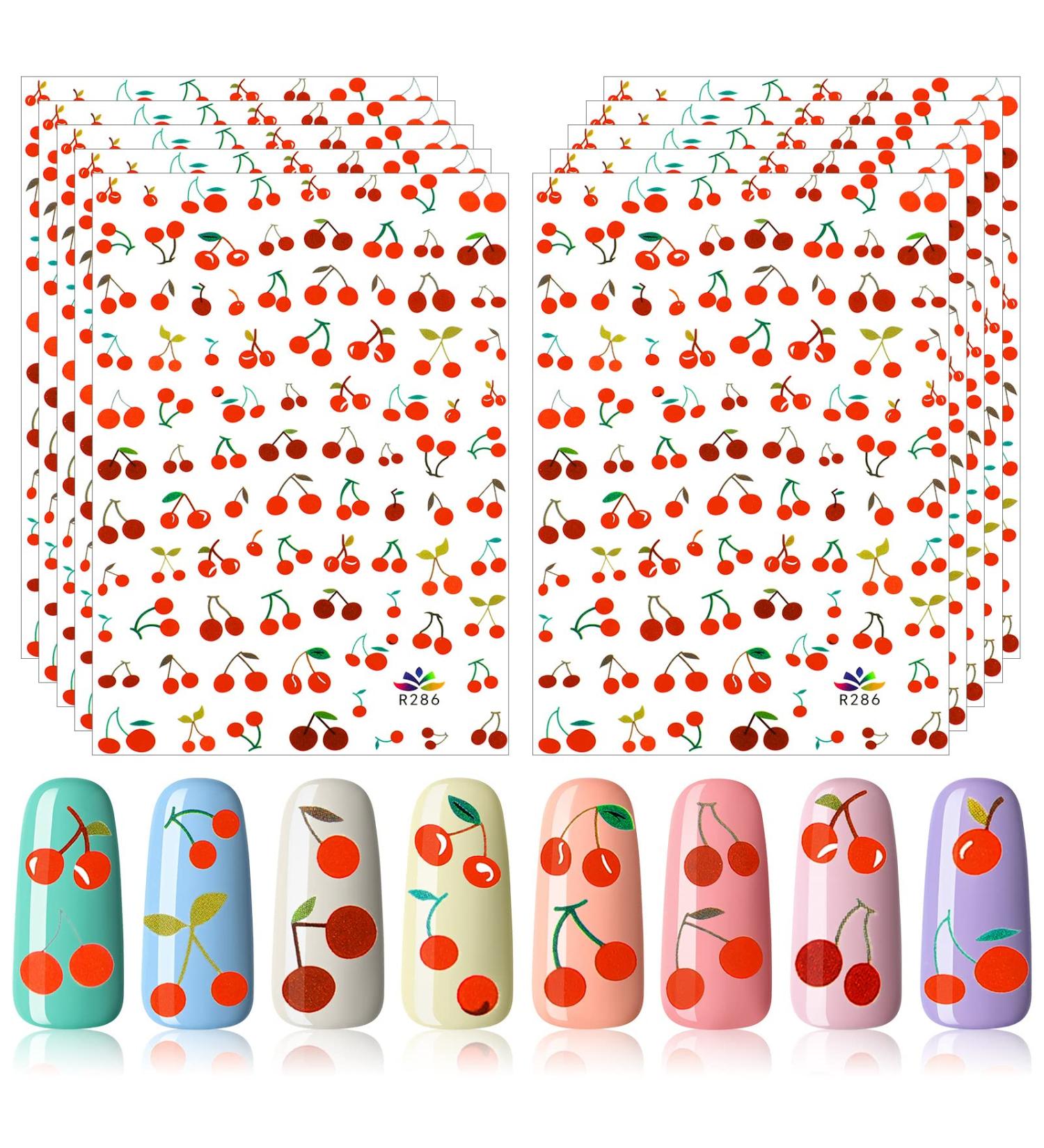 Cherry Nail Stickers - 10 Sheets | 3D Cute Fruit Decals for Manicure & Acrylic Nails - Buy Online on GoSupps.com
