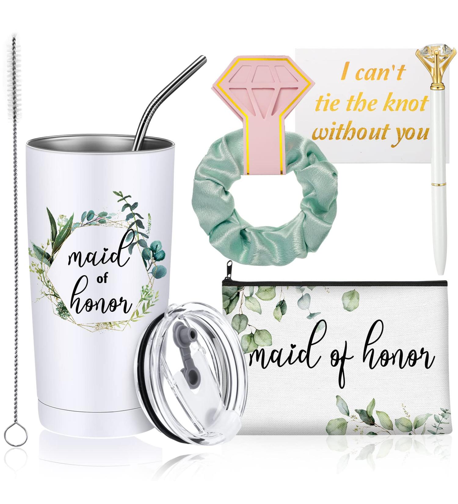 Wedding Proposal Gift Set - 5 Pcs Including 20 oz Tumbler, Makeup Bag, Scrunchies, Hair Ties, Card, Crystal Diamond Pen - Perfect for Bridal Shower & Wedding Party (Maid of Honor) - Buy Online on GoSupps.com