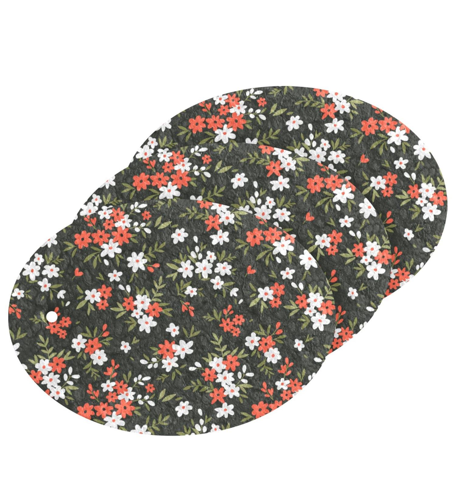 3-Pack Cleaning Kitchen Sponges Oval Pretty Flowers on Dark Kitchen Cellulose Dishwashing Wood Pulp Cotton - Buy Online on GoSupps.com