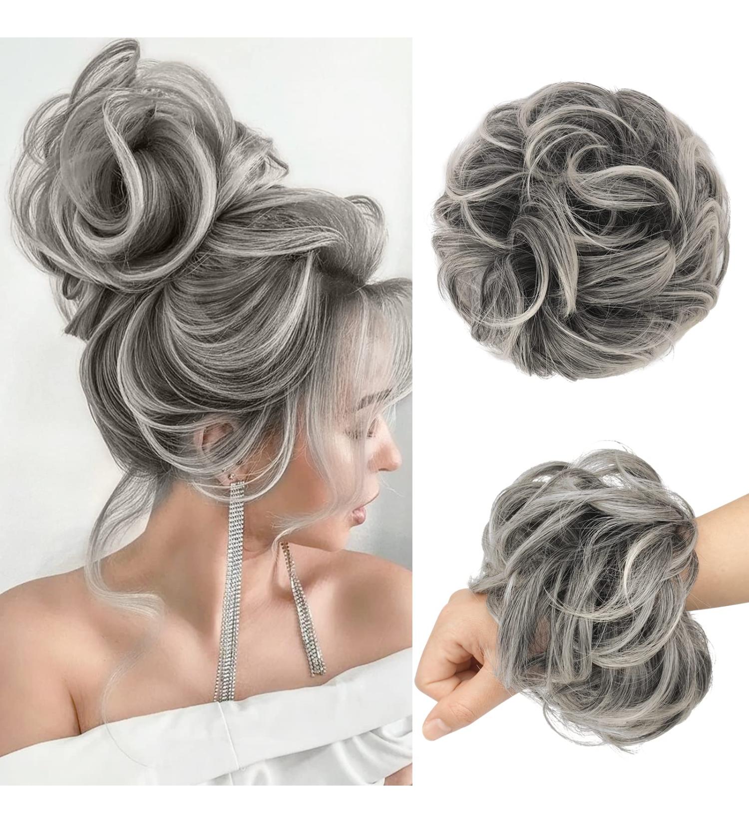 FESHFEN Messy Bun Hair Piece Hair Scrunchies Thick Curly Wavy Hair Piece Synthetic Donut Updo Hairpieces for Women Girls Gray and White Tips 55 g (Pack of 1) 1B/171T60# Gray and White Tips - Buy Online on GoSupps.com