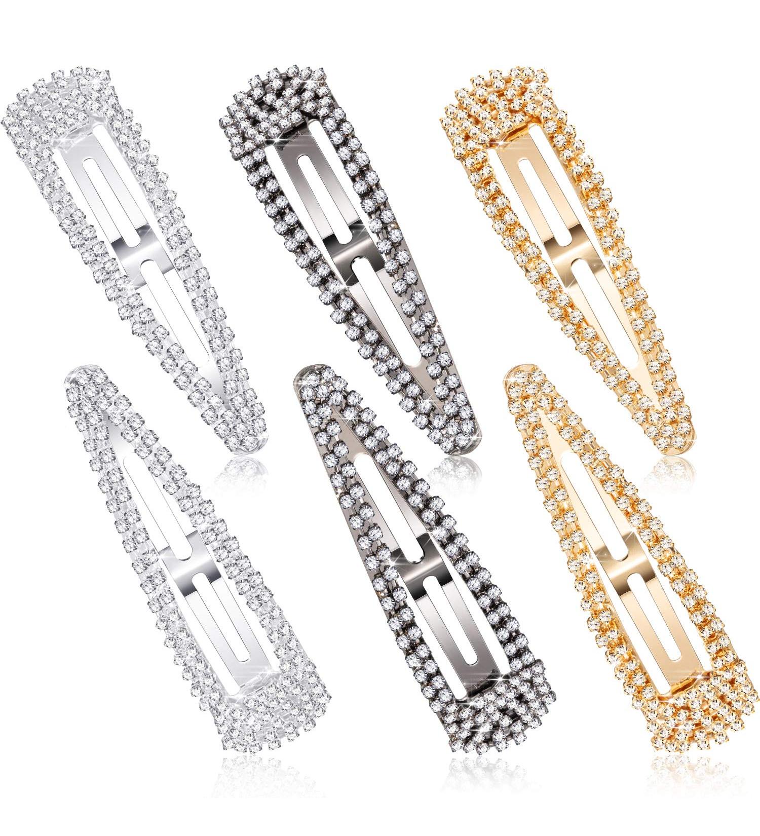 6 Pieces Rhinestone Hair Clips - Snap Barrettes for Women & Girls - Wedding Hair Accessories in Black, Silver, Gold - Buy Online on GoSupps.com