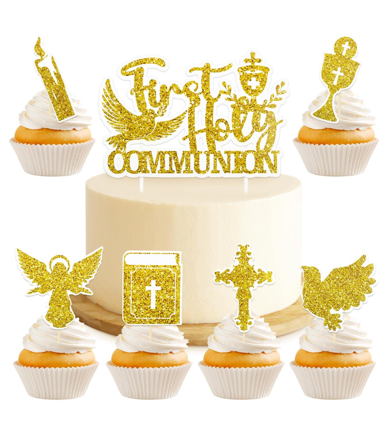 13pcs First Holy Communion Cake Topper Cross Glitter Gold Paper Cupcake Toppers Pattern Candle Bible Dessert Picks Cake Decoration for Communion Christening Baptism Baby Shower Birthday Party Wedding - Buy Online on GoSupps.com