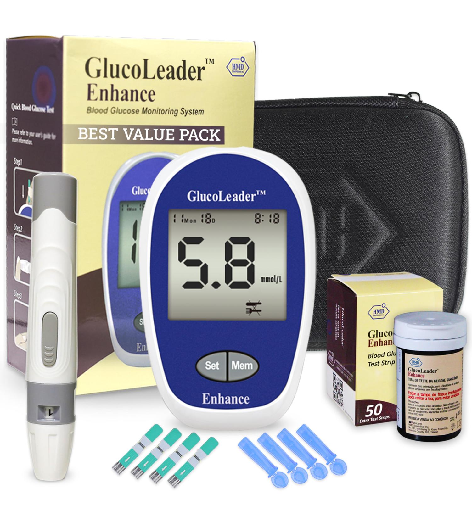Glucoleader Enhance Blood Glucose Monitor Kit - 10+50 Test Strips & Lancets - CE Approved, ISO Certified - Made in Taiwan - Blue Meter - Buy Online on GoSupps.com