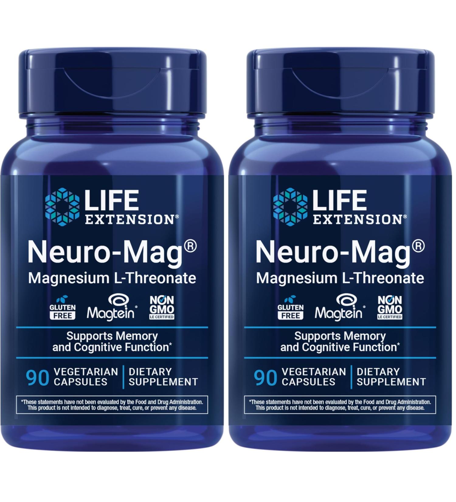 Life Extension Neuro-mag Magnesium L-threonate Magnesium L-threonate Brain Health Memory & Attention Gluten Free Vegetarian Non-GMO 90 Vegetarian Capsules (Pack of 2) - Buy Online on GoSupps.com
