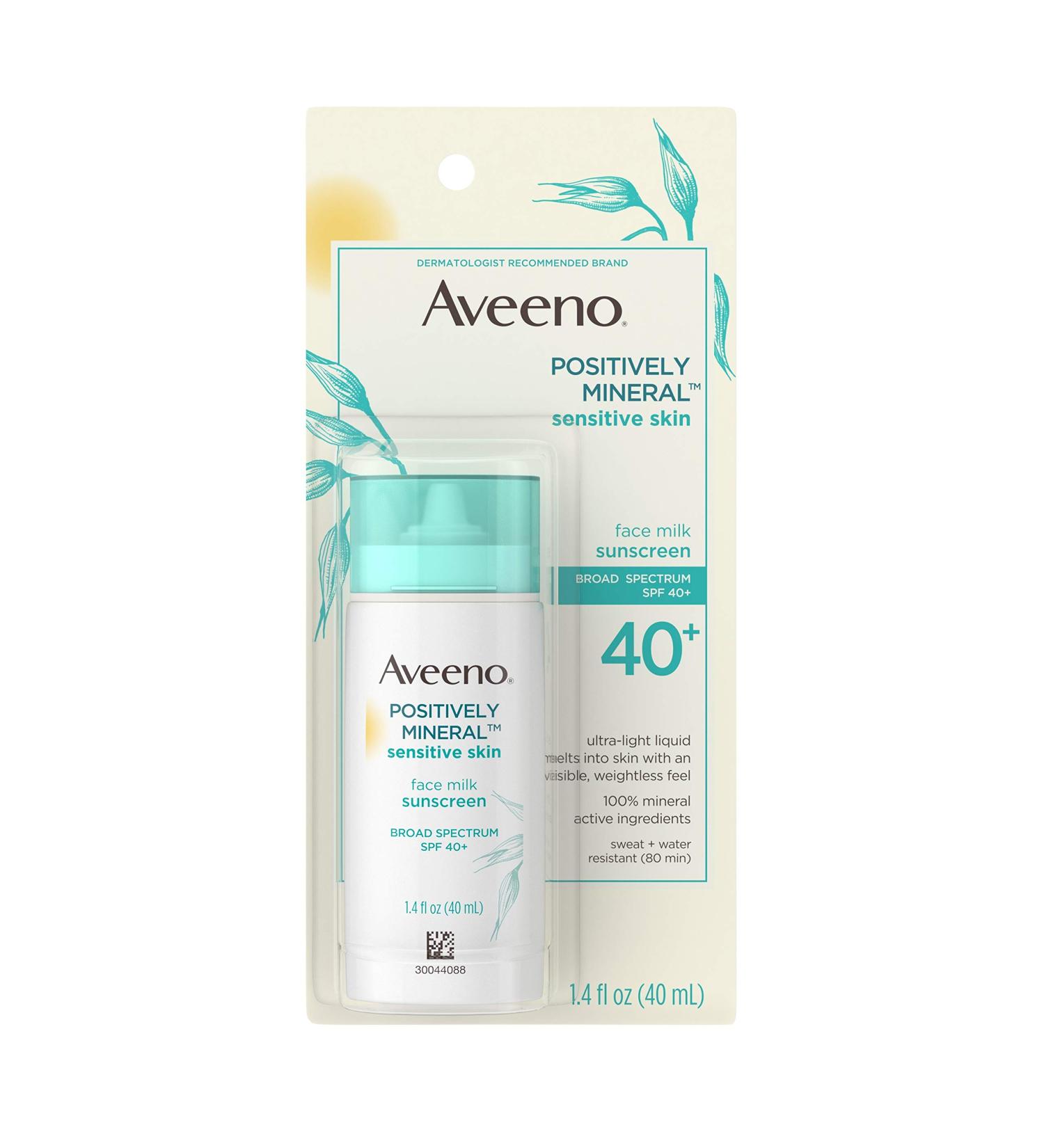 Aveeno Positively Mineral SPF 40+ Face Milk Sunscreen - Oil-Free & Paraben-Free - 1.4 fl. oz - Buy Online on GoSupps.com
